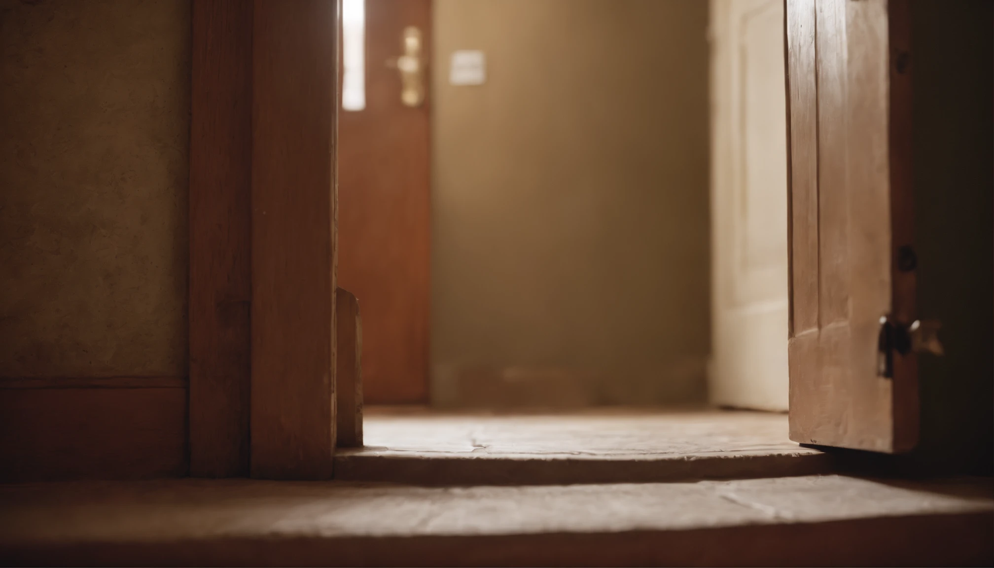 escena comienza con un pasillo poco iluminado, donde el protagonista camina cautelosamente hacia una puerta cerrada.
2. The camera focuses on a rusty door knob that rotates slowly and creaks with each rotation