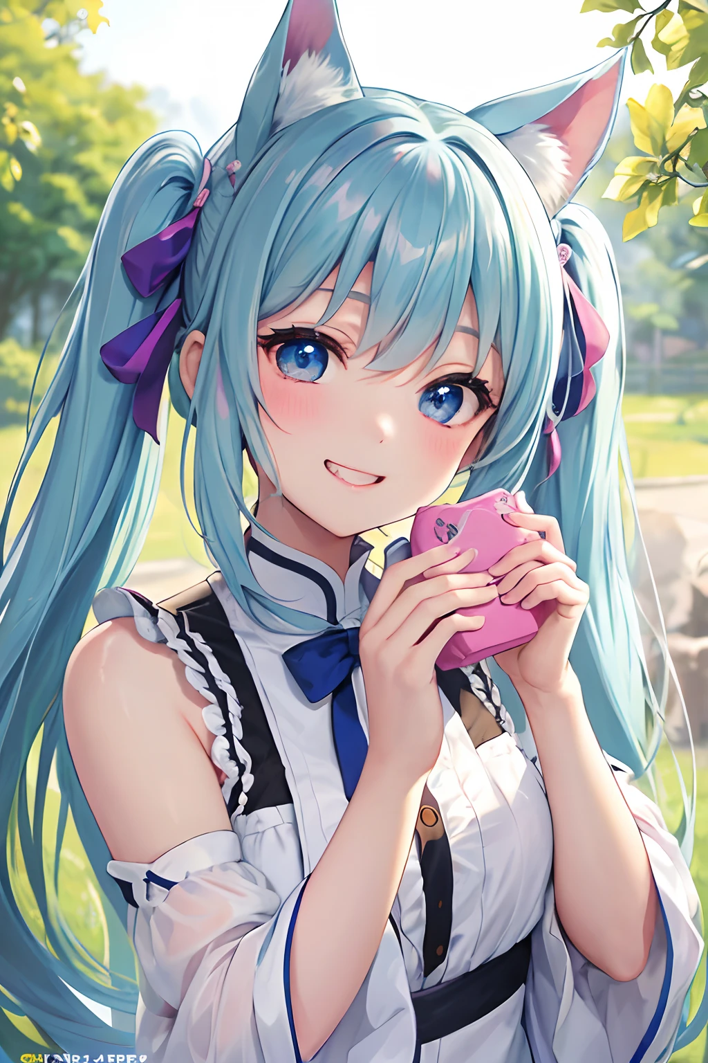 masterpiece:1.2、hightquality、top-quality、hight resolution、detaileds、A hyper-realistic、20Beauty of the same age、long hair with pink twin tails,,,,,,,,,、Beautiful blue eyes、tilt of the head、morning glow、Green grass々Shigi々、birdie、rainbows、portlate、Lovely smile、showing teeth、(A detailed face)、((foco nítido))、((faces))、The upper part of the body_Body