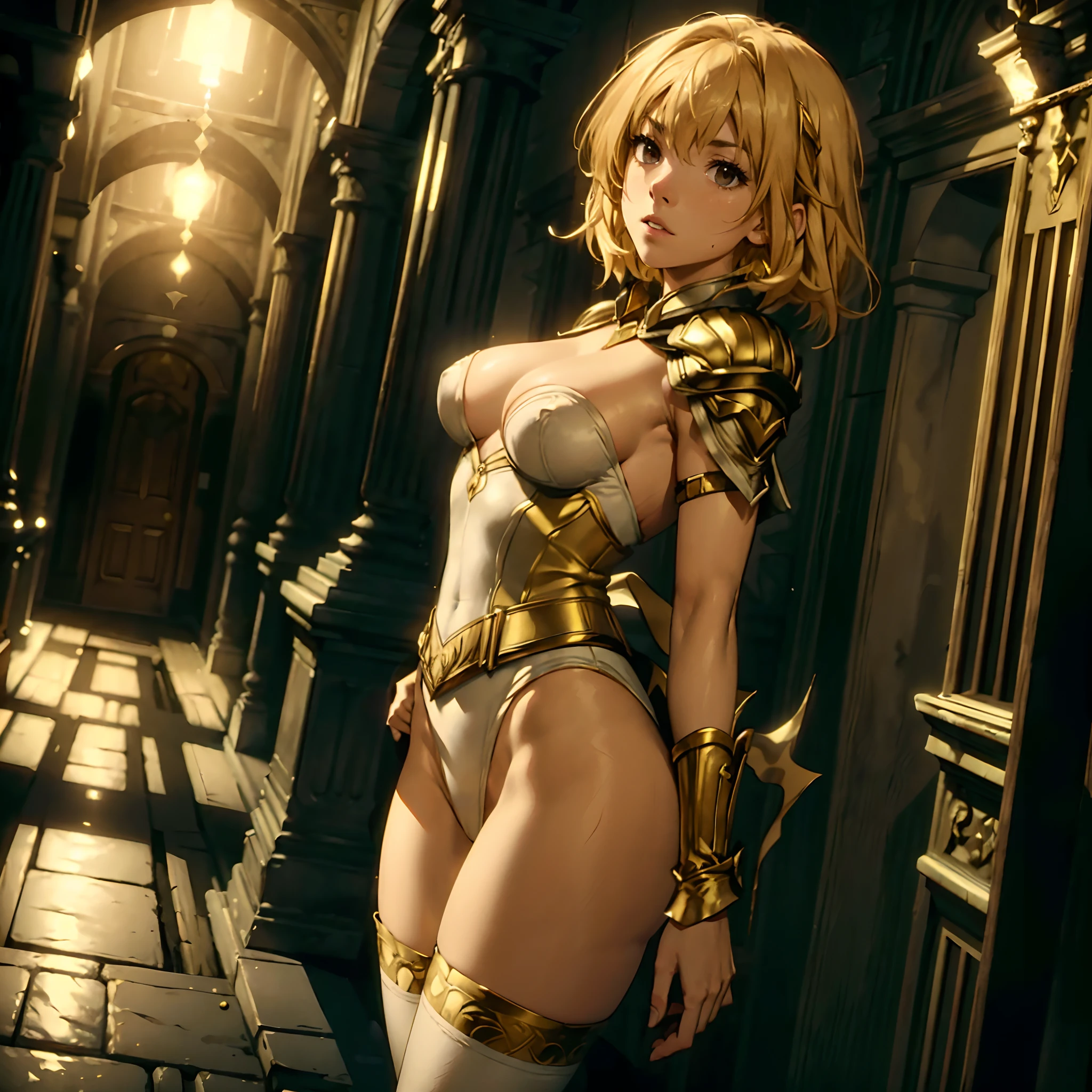 large haunted spooky manor, windy, volumetric fog, Olivia thirlby, messy blonde hair, skimpy white spandex leotard with gold trim, white stockings with gold trim, white cape, skinny with slender legs, (small perky breasts:1.3), candlelit interior, (looking behind her:1.3), exploring dark hallways, from front,  (dutch angle:1.3)