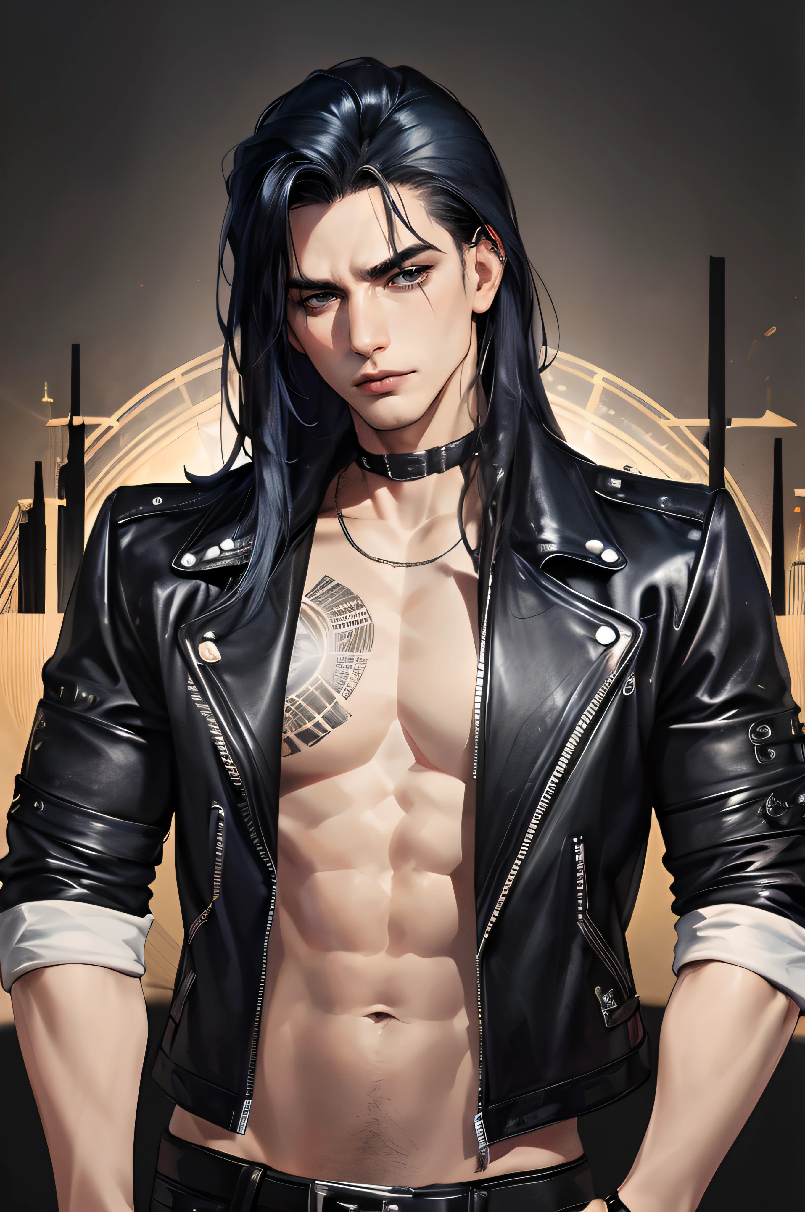 cover for a book, photography of a heavy metal star, a solo man, (((man))), (masculine face), 25 years old, singer, bad boy, (black eyes), expressive look, long dark blue black hair, (((bar background))), straight hair, blueshine hair, unshaven, black leather jacket, long sleve jacket, leather pants, chest tattoo, super detailed face, perfect body, perfect shapes, realistic image, award winning photography, 8k,