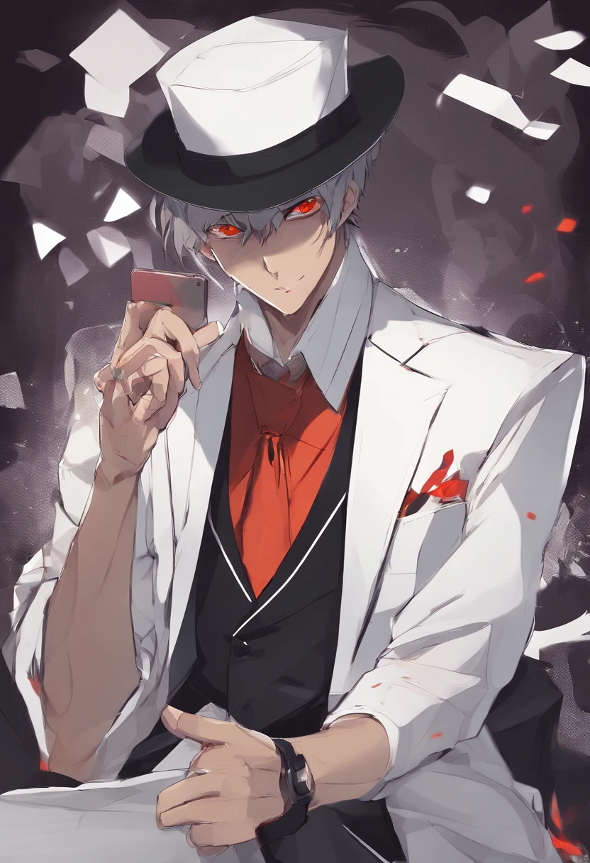 anime dark skin gambler with orange/red eyes holding a card in his left hand. He wears phantom theif style clothing such as fancy trenchcoat, black fedora, beige shirt with black tie underneath an red vest and he has a cool watch on his left wrist, smug expression, smirking (((brown:1.3, red:1.3,black:1.2, white:1.2))) perfectly detailed face, perfectly detailed eyes