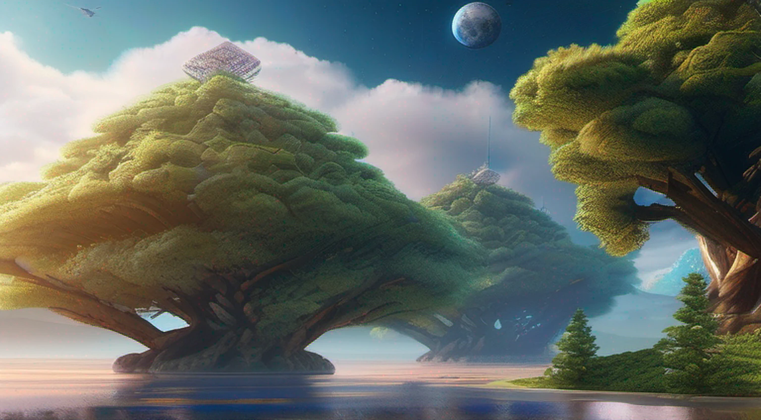 Illustration of a hyperrealistic , otherworldly, ultrasky scene featuring a giant crystal tree full body,very detailed and magical lighting, intricate forest details, vegetation and river around, solarpunk ,landscape, giant tree, beatifull leafy with beautiful lighting and realistic proportions, as if it were a cinematic background, 8k, highest quality, masterpiece, clouds and stars in the sky.