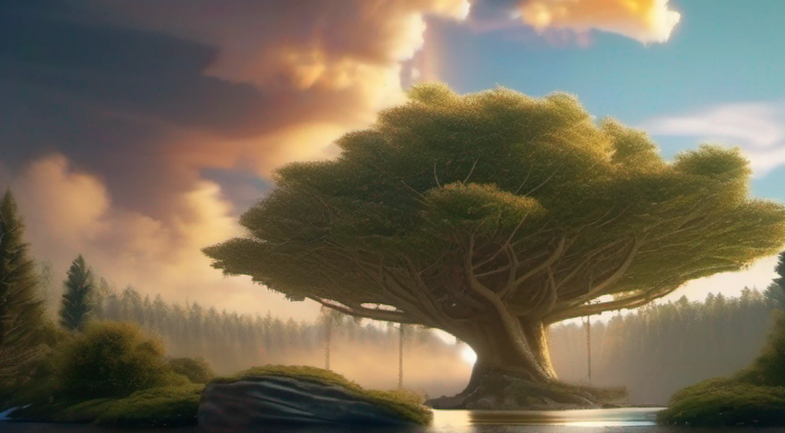Illustration of a hyperrealistic , otherworldly, ultrasky scene featuring a giant crystal tree full body,very detailed and magical lighting, intricate forest details, vegetation and river around, solarpunk ,landscape, giant tree, beatifull leafy with beautiful lighting and realistic proportions, as if it were a cinematic background, 8k, highest quality, masterpiece, clouds and stars in the sky.