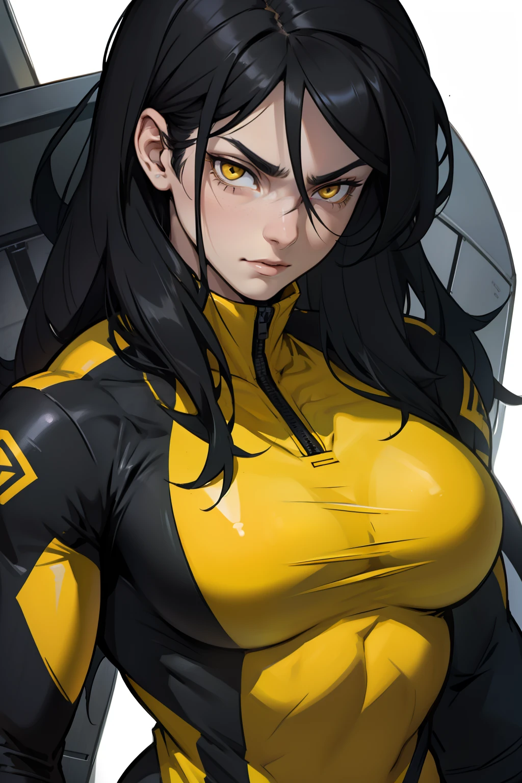 1 girl, black hair, yellow eyes, very long hair, pale skin, ((((extremely muscular)))), large breasts, (confident expression), pilot suit, close up