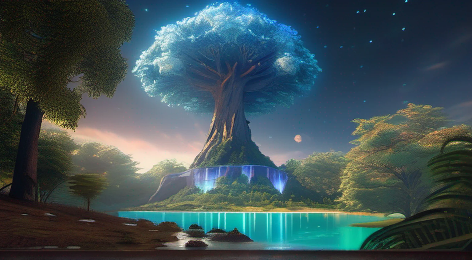 Illustration of a hyperrealistic , otherworldly, ultrasky scene featuring a giant crystal tree full body,very detailed and magical lighting, intricate forest details, vegetation and river around, solarpunk ,landscape, giant tree, beatifull leafy with beautiful lighting and realistic proportions, as if it were a cinematic background, 8k, highest quality, masterpiece, clouds and stars in the sky.