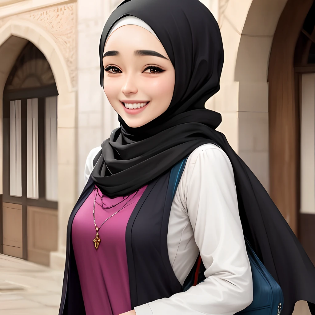 Middle eastern anime woman slightly laughing with modest clothes wearing a hijab