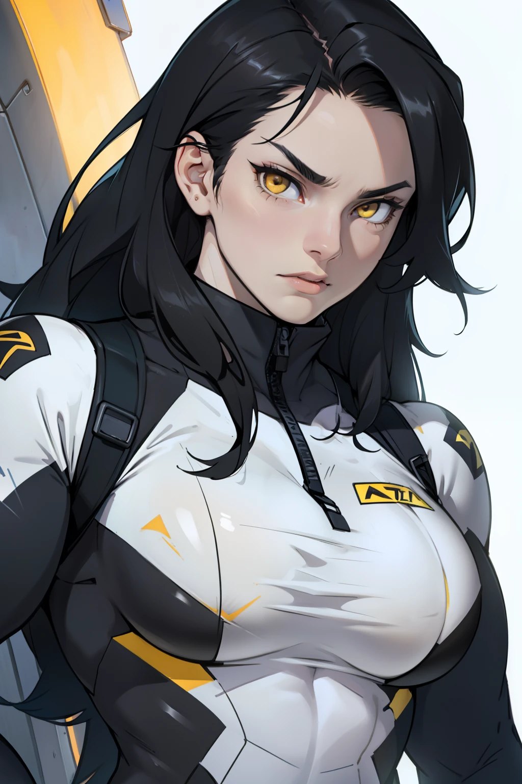 1 girl, black hair, yellow eyes, very long hair, pale skin, ((((extremely muscular)))), large breasts, (confident expression), pilot suit, close up