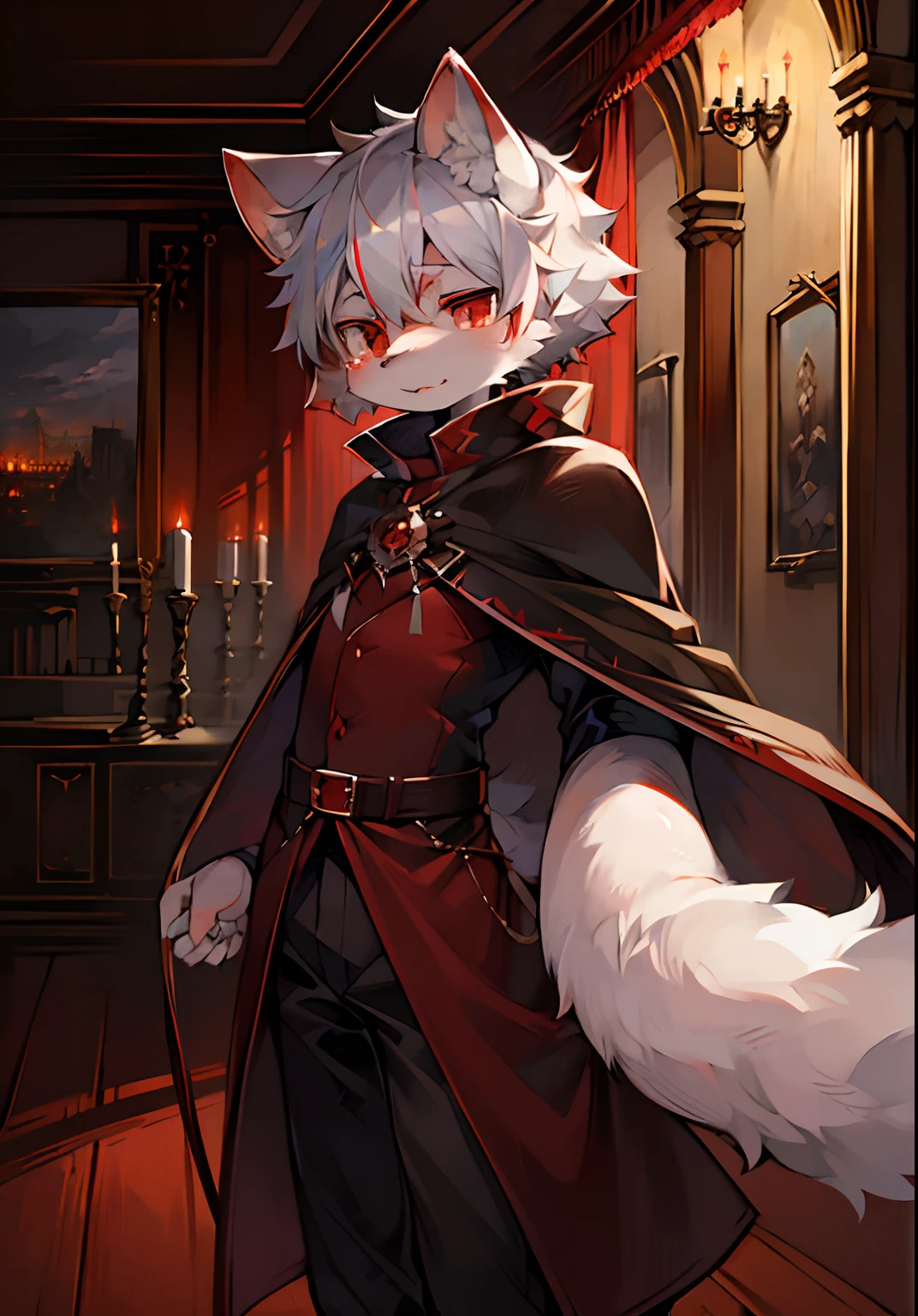 (dark environment:0.8),masterpiece, high quality, absurd res, digital painting \(artwork\), by dagasi, yupa,kiyosan,(anthro,fluffy fur,character focus:1.1),anthro male cat,short hair,portrait, bright eyes,panorama,character focus.(detailed background:0.7),solo,furry,furry male ,male focus,anthr,(Full body fur, fluffy tail, white fur,red eyes,gray hair:1.2),(long canines,vampire, cape:1.2),(interior,night, castle, coffin:1.1)