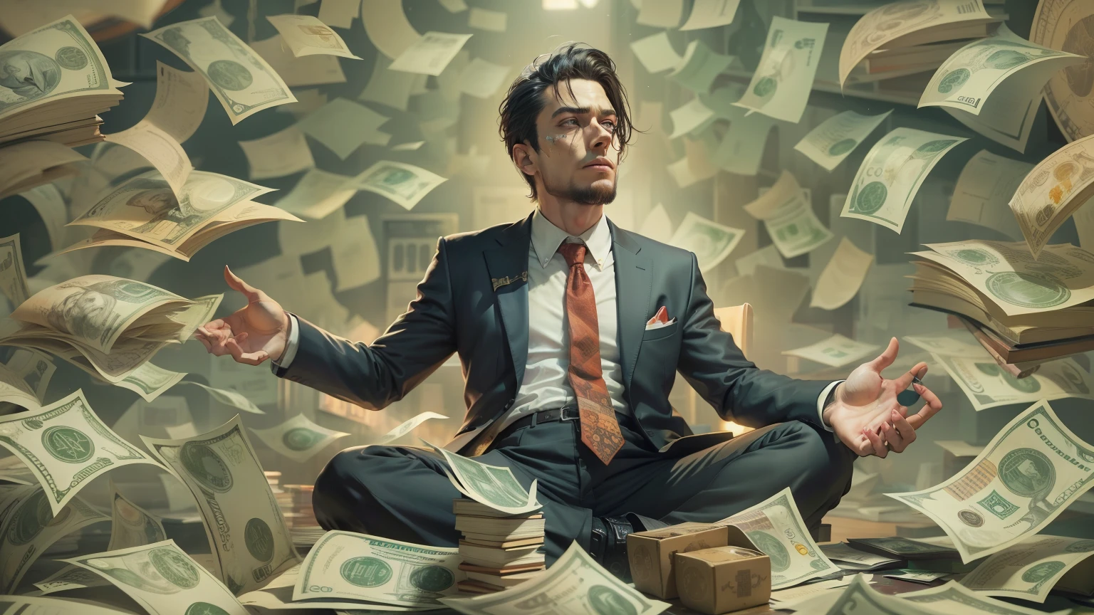 A detailed painting of an outsider in a suit, Surrounded by a barrage of dollar bills, Aim for a《Financial freedom formula》One book as the center.