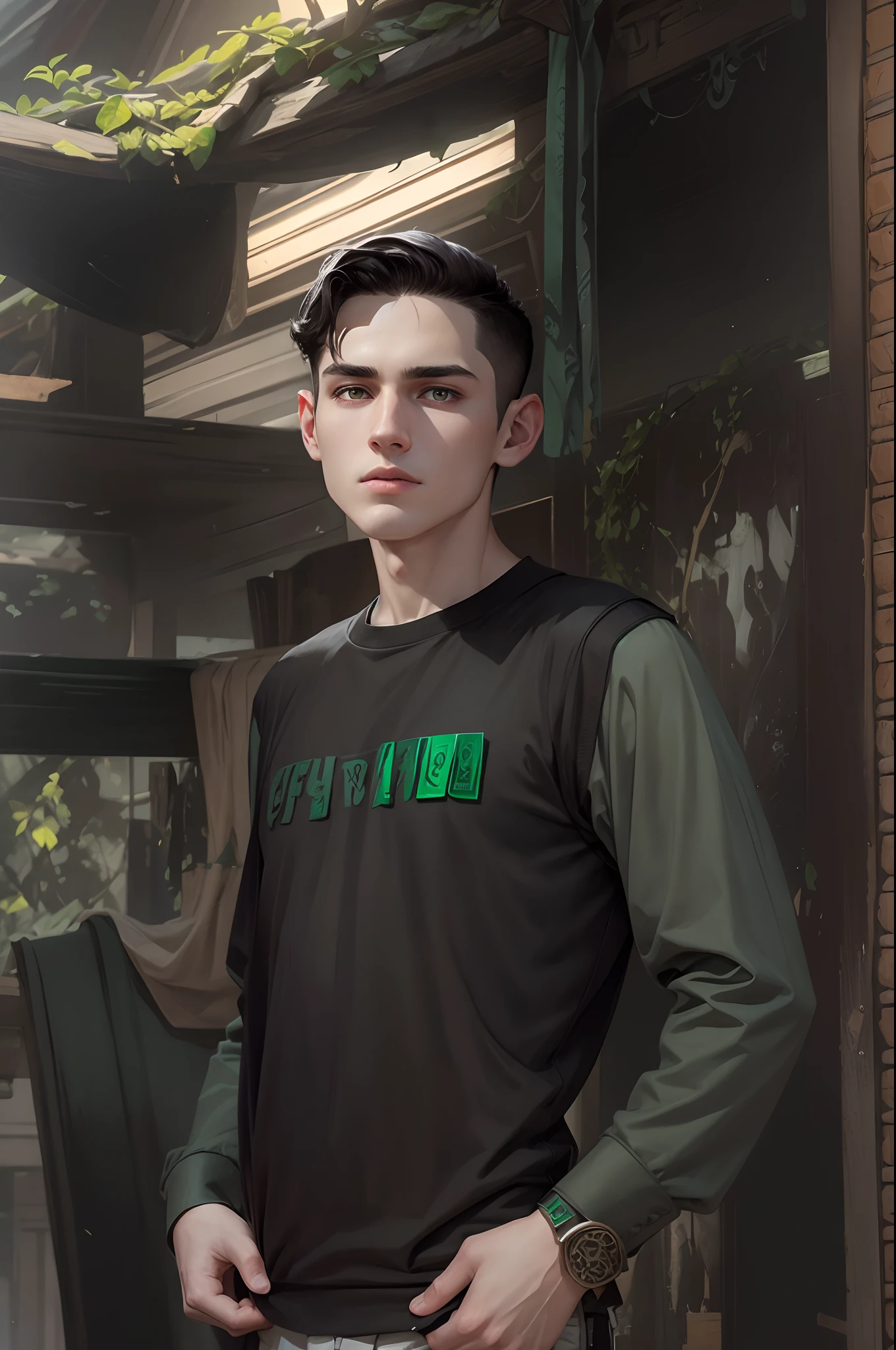 This young man, with dark hair, undercut hair, grey eyes, handsome, pale, tall, wearing Slytherin outfit