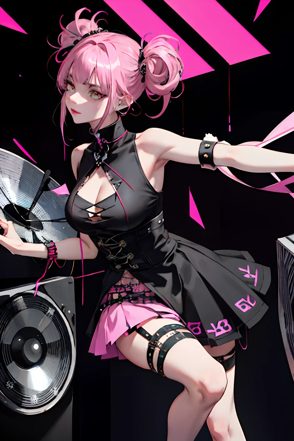 (masuter piece:1.2、top-quality)、(Live action、Intricate details)、(1lady、独奏、The upper part of the body、Colossal tits) garments: Edgy、Black jumper、Pink mini skirt、Avant-garde、Experimental appearance: Long pink hair、Dramatic makeup、Unconventional fashion choices behavior: Rebel、Runaway Ladies Leader、secretary-general、Black jumper、Pink mini skirt、Anti-system、Provocative Location: urban art district、Underground Music Scene Hobbies: Bad girl、Create mixed media art、Experiment with different subcultures values: individuality、authenticity、Creative Expression Inspiration: Runaway Ladies Leader、secretary-general、Counterculture icons、Nature: boldness、Unconventional。