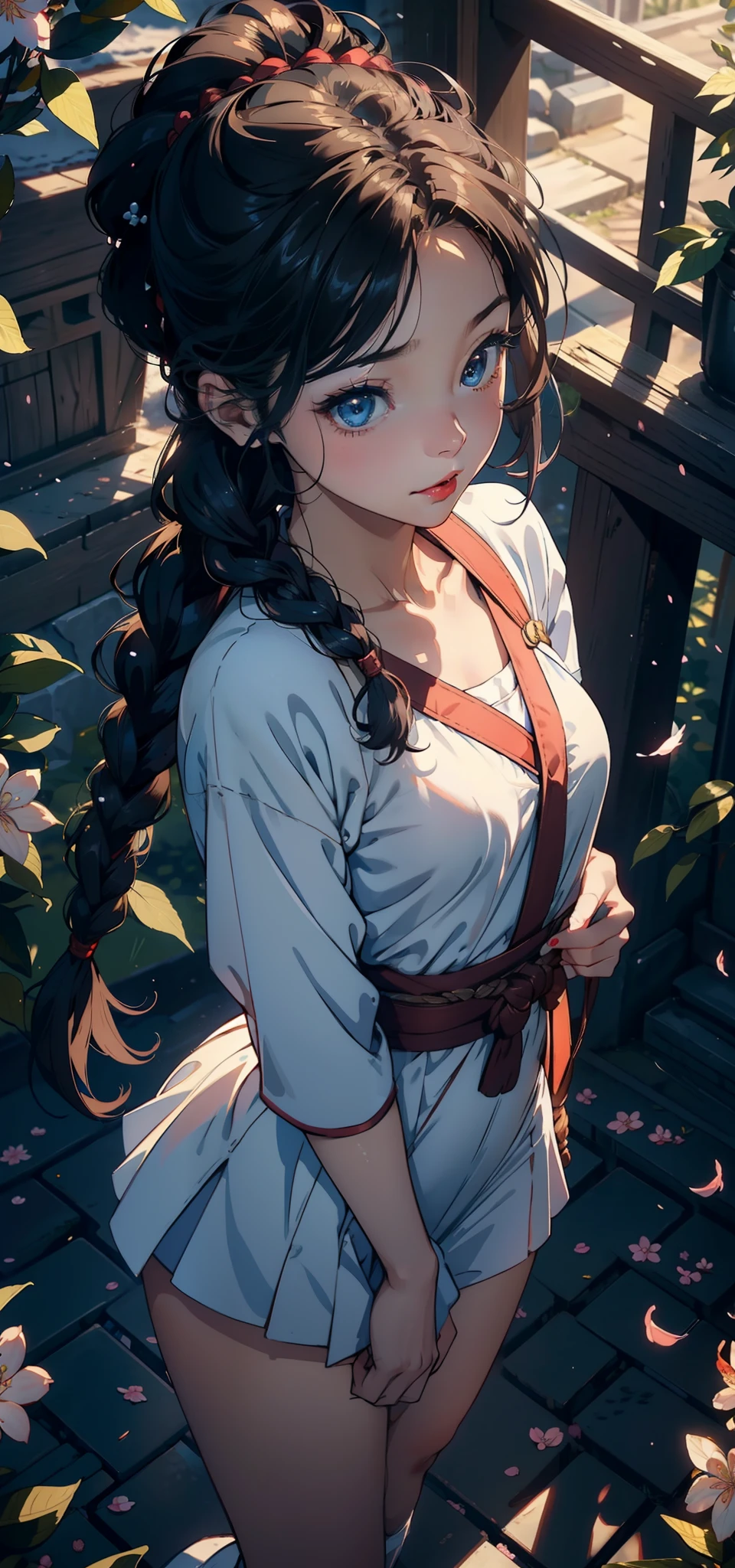 1female,age 5,bit girl,Small loli, 独奏,(Background with:Cherry blossom forest,labyrinths of,Ground area water) She has short wood-colored hair,Twist braids,seen from the front, hair straight,,(((tmasterpiece),(Very detailed CG unity 8K wallpaper),best qualtiy,cinmatic lighting,detailed back ground,beatiful detailed eyes,Bright pupils,Blue eyes,Snow-whiteskin,Redlip(Very fine and beautiful),(Beautiful and detailed eye description),ultra - detailed,tmasterpiece,))facing at camera,A high resolution,ultra - detailed),revealing breasts,Bare genitalia, Bulge,legs are open,Raised sexy,Camel toes,Flushed complexion,Desire for dissatisfaction,frontage,elementary student,a sailor suit,Hanfu