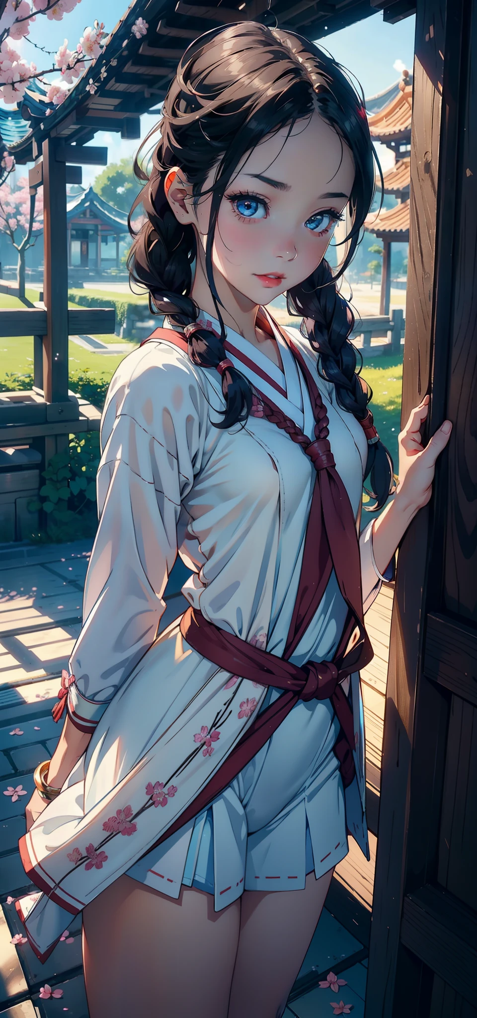 1female，age 5，bit girl，Small loli， 独奏，（Background with：Cherry blossom forest，labyrinths of，Ground area water） She has short wood-colored hair，Twist braids，seen from the front， hair straight，，（（（tmasterpiece），（Very detailed CG unity 8K wallpaper），best qualtiy，cinmatic lighting，detailed back ground，beatiful detailed eyes，Bright pupils，Blue eyes，Snow-whiteskin，Redlip（Very fine and beautiful），（Beautiful and detailed eye description），ultra - detailed，tmasterpiece，））facing at camera，A high resolution，ultra - detailed），revealing breasts，Bare genitalia，  Bulge，legs are open，Raised sexy，Camel toes，Flushed complexion，Desire for dissatisfaction，frontage，elementary student，on cheongsam，Expose