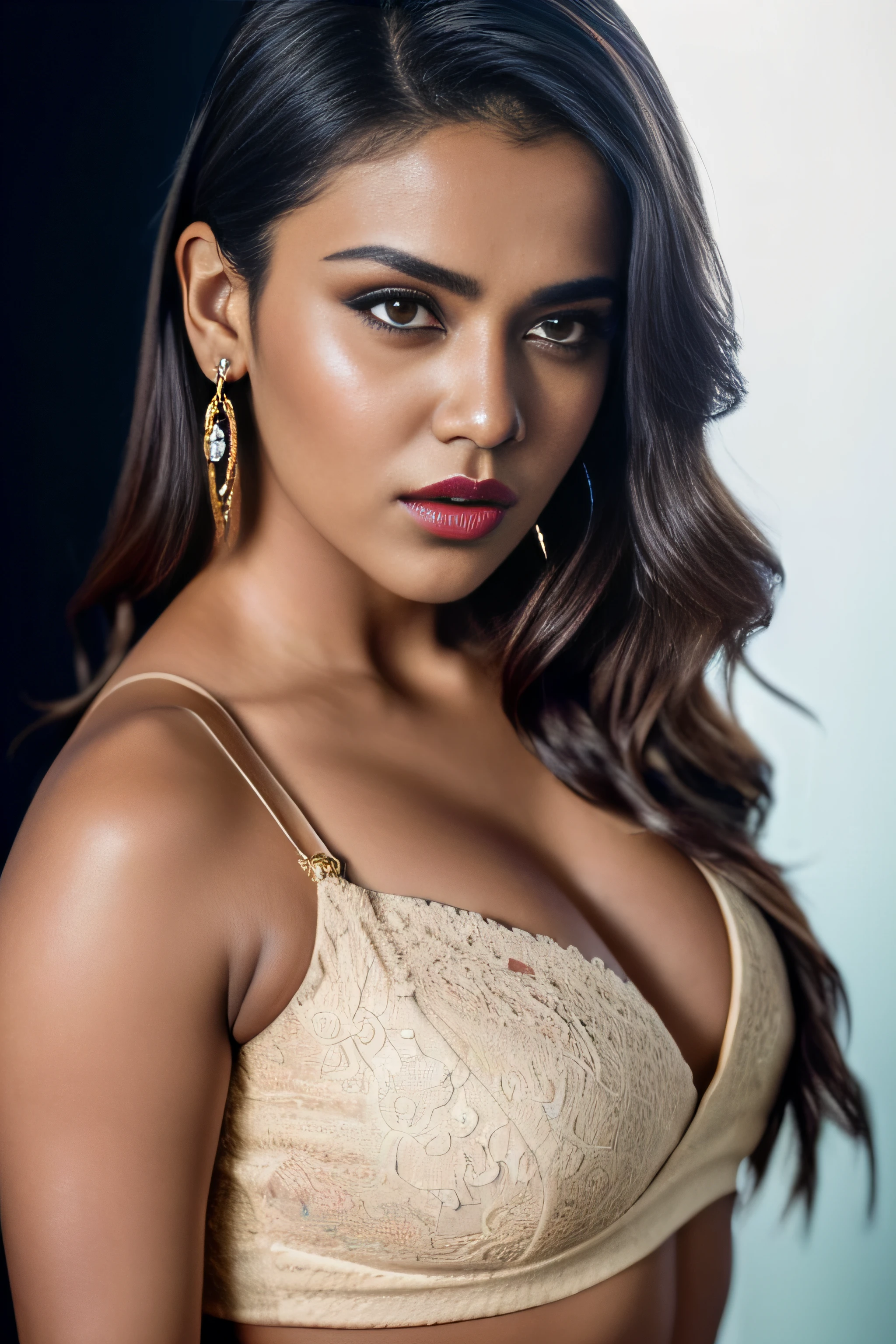 (editorial photograph of an Indian actress nia sharma, energetic, 21 y.o. female), (wearing worn out clothes, detailed:1.3), ( natural big lips, highly detailed face:1.4), (background inside dark, moody, private study, studio lights:1.3), (8k, uhd, dslr, high quality, cinematic lighting, bokeh), (dramatic, award winning photography, incredible masterpiece:1.3) (strong depth of field), dark orange lips, nia sharma Hindi Actress(model), pale white skin, fair glowing skin,