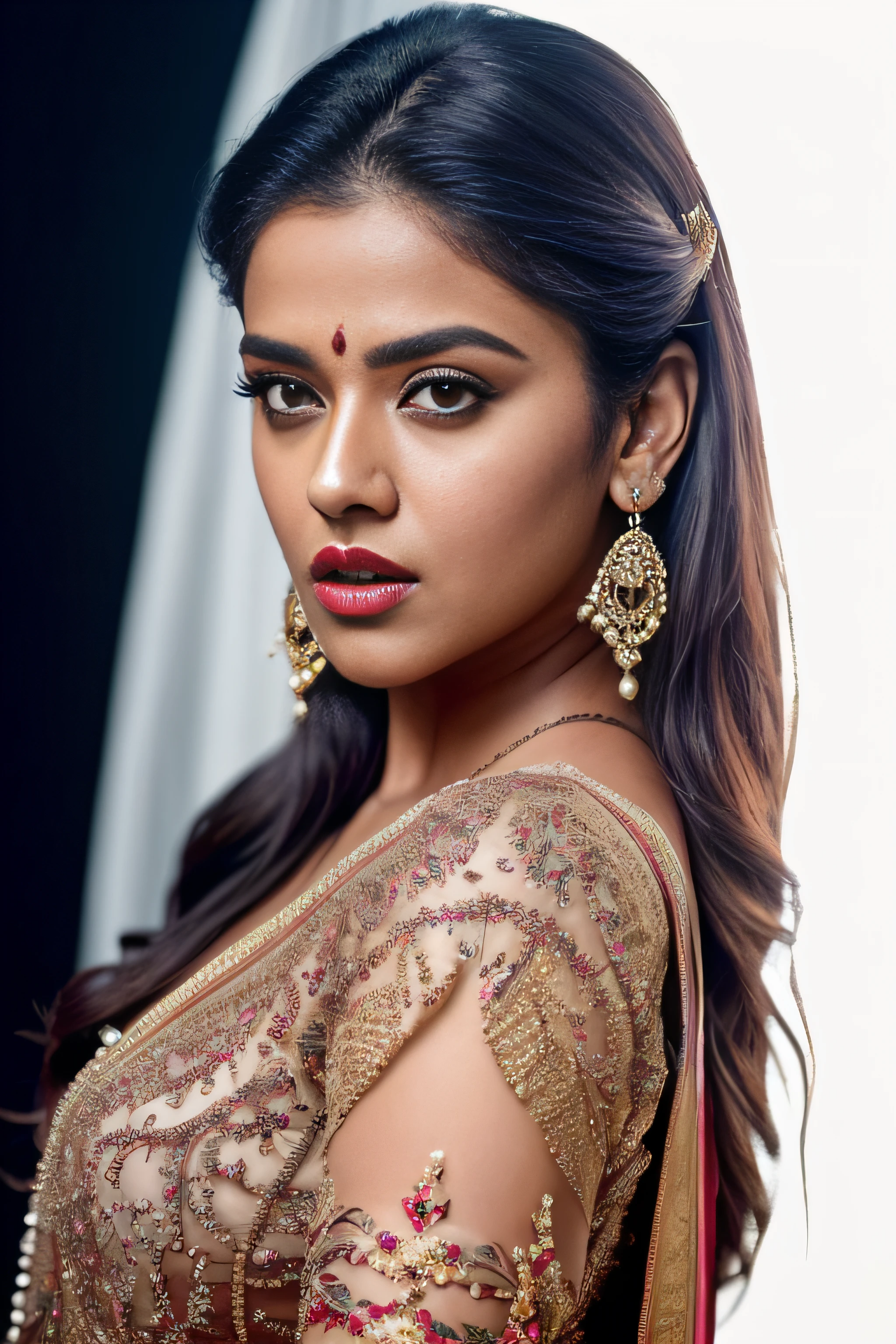 (editorial photograph of an Indian actress nia sharma, energetic, 21 y.o. female), (wearing worn out clothes, detailed:1.3), ( natural big lips, highly detailed face:1.4), (background inside dark, moody, private study, studio lights:1.3), (8k, uhd, dslr, high quality, cinematic lighting, bokeh), (dramatic, award winning photography, incredible masterpiece:1.3) (strong depth of field), dark orange lips, nia sharma Hindi Actress(model), pale white skin, fair glowing skin,
