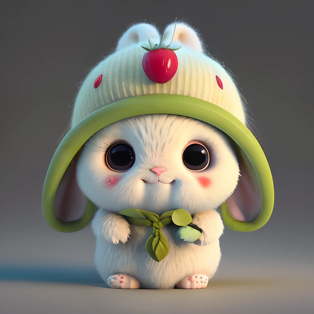 : 3. Rabbit, realistic, hairy, dressed beast, apple, dark circles, blush, cherry, food, fruit, whole body, hat, non-human, strawberry, tomato, watermelon