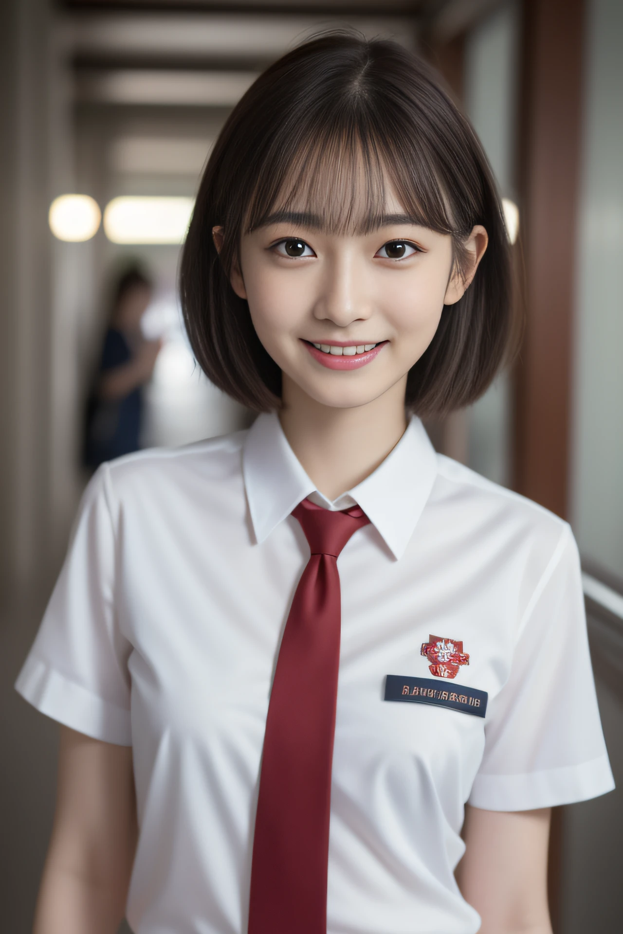 high resolution, RAW photo, photorealistic, extremely delicate and beautiful, extremely detailed, finely detail, extremely detailed CG unity 8k wallpaper, ultra-detailed, (best quality, 8k, 32k, masterpiece, UHD:1.2), Photo of Pretty Japanese model, 1girl, solo, (), beautiful and detailed face, beautiful and clear eyes, delicate figure, very short hair, slender body, small breasts, JK uniform, white short sleeve shirt, thin red tie, smiling, walking in station platform
