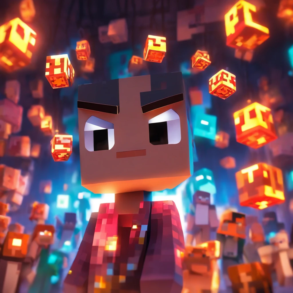 (Estilo Pixar),Modelo de quarto pequeno aconchegante, Modelo de personagem em miniatura, fonte de luzes amarelas e vermelhas da direita para a esquerda, Rum lighting, fonte de luz da direita para a esquerda, (ISO distance vision), (de cima para baixo), Realistic proportions, Post-processing, ((perspectiva ortogonal)), super detalhe, Realistic, super realistic, photoreal render, Cor irridescent, Glitters, Minecraft: Deuses Magicos