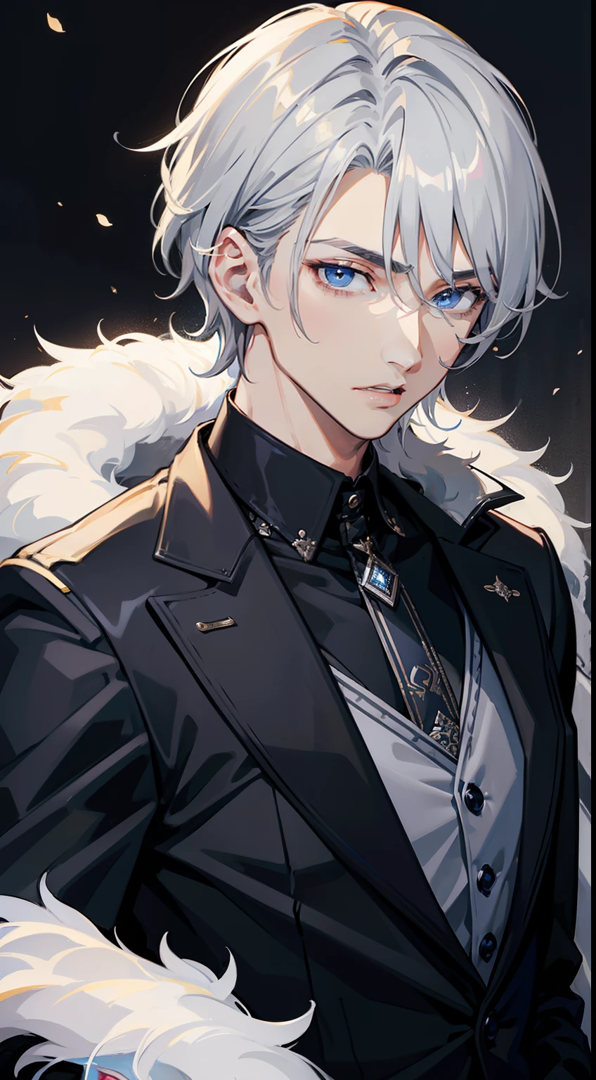 top-quality、masterpiece、Man with dark silver hair、Wolfcut、Blue eyes、Opening Mouth、30-years old、black suits、White background、1 persons、