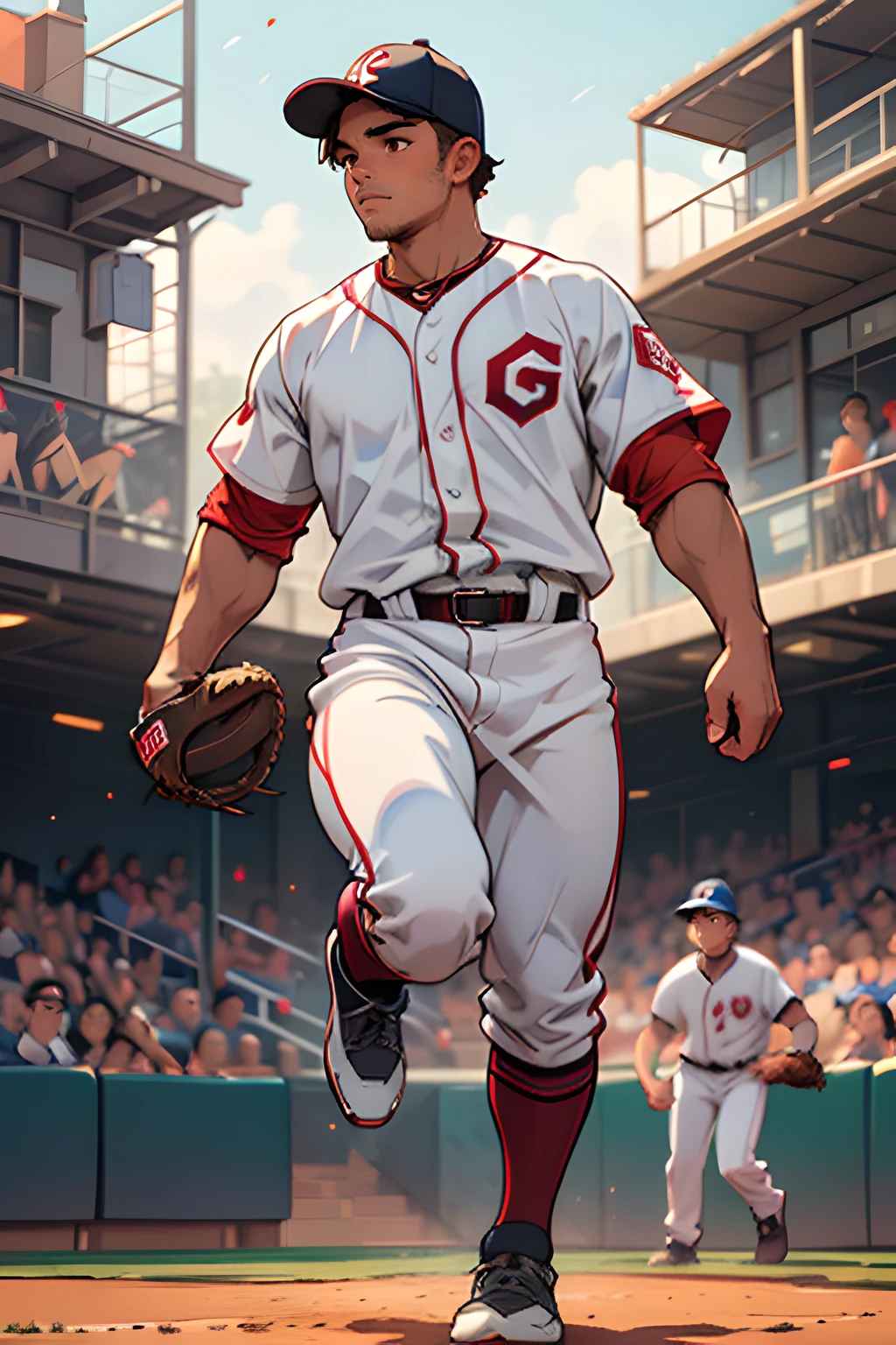 (masterpiece, best quality ), 1man, muscular, short hair, brown eyes, intricate, baseball field , full body, white baseball uniform, open red jacket, vivid colors,(depth of field:1.4),(abs), jumping,