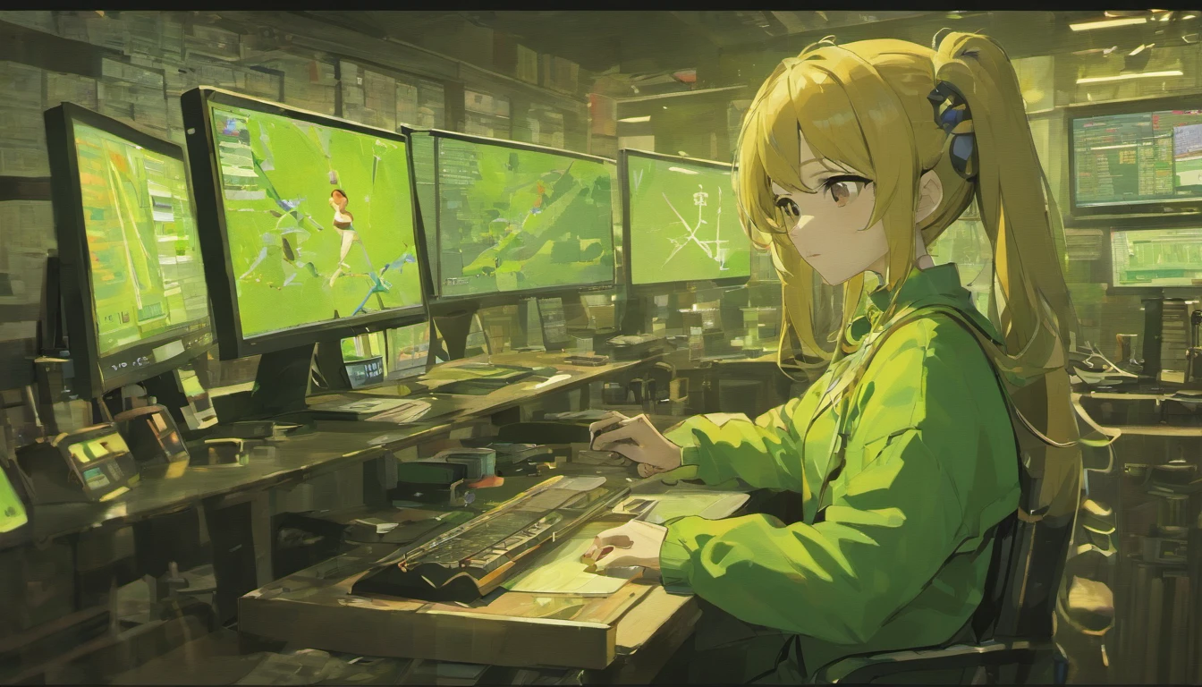 There was a man sitting at his desk,There are two computer monitors, sitting in front of the computer, sitting in front of the computer, looking at monitor, Displays a stock chart, sitting at a computer desk, in front of a computer, Trading, Trade stocks,