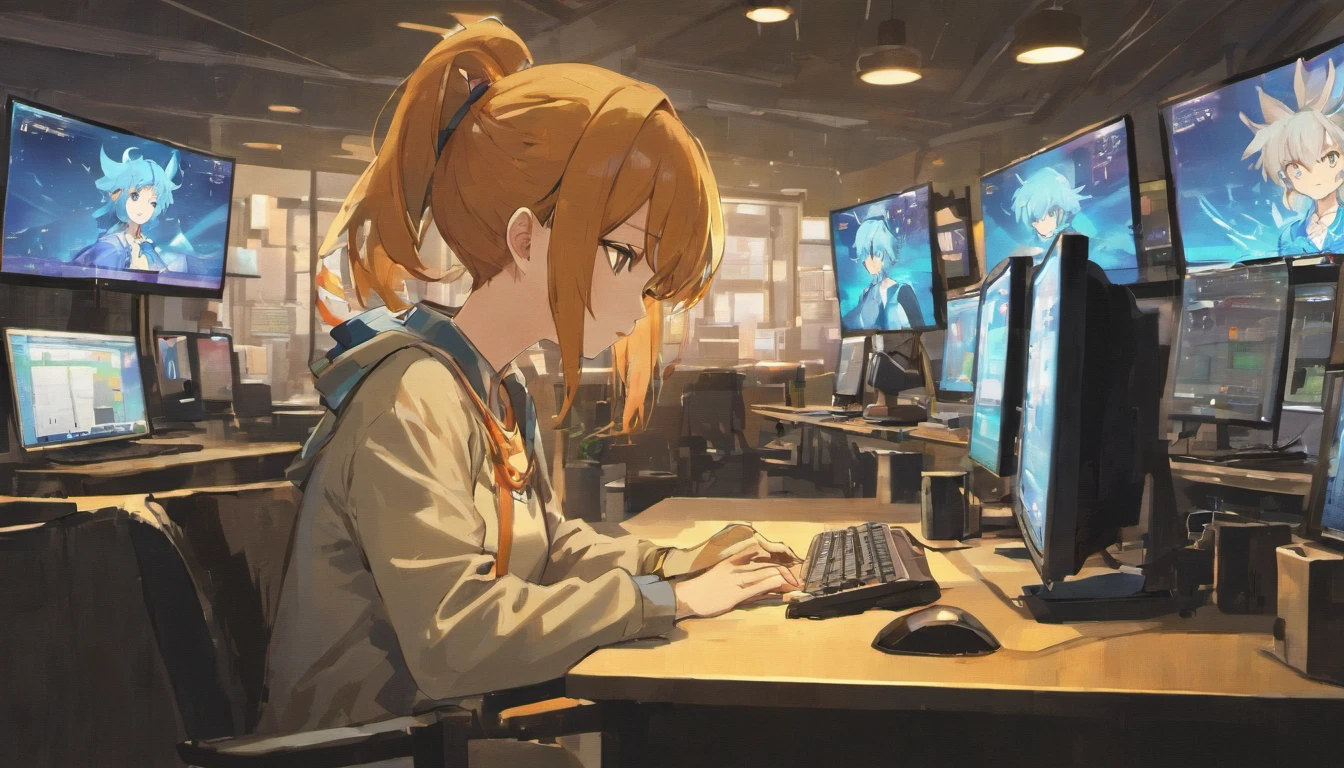 There was a man sitting at his desk,There are two computer monitors, sitting in front of the computer, sitting in front of the computer, looking at monitor, Displays a stock chart, sitting at a computer desk, in front of a computer, Trading, Trade stocks,