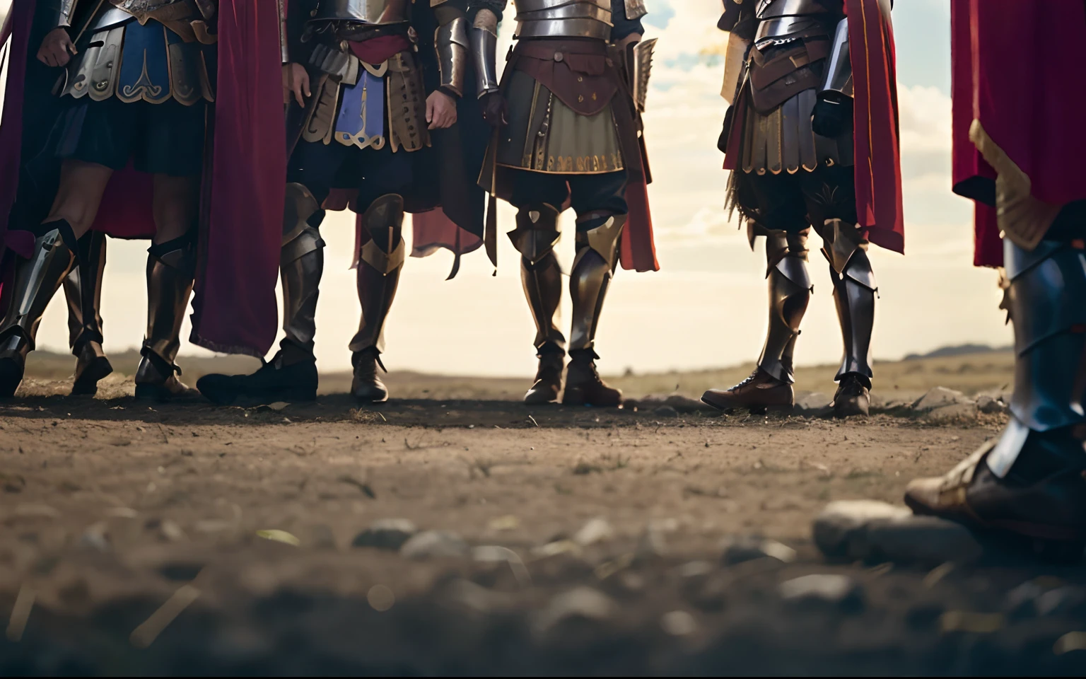 Imagem de um grupo de homens vestidos com armadura romana, levando espartanos para a batalha, vestido com armadura espartana, vestido com armadura romana, vestidos com roupas romanas, standing on the field of battle, standing on a battlefield, Pronto para a batalha, standing on rocky ground, vestindo armaduras antigas, em uma paisagem de arena de gladiadores, standing in an arena