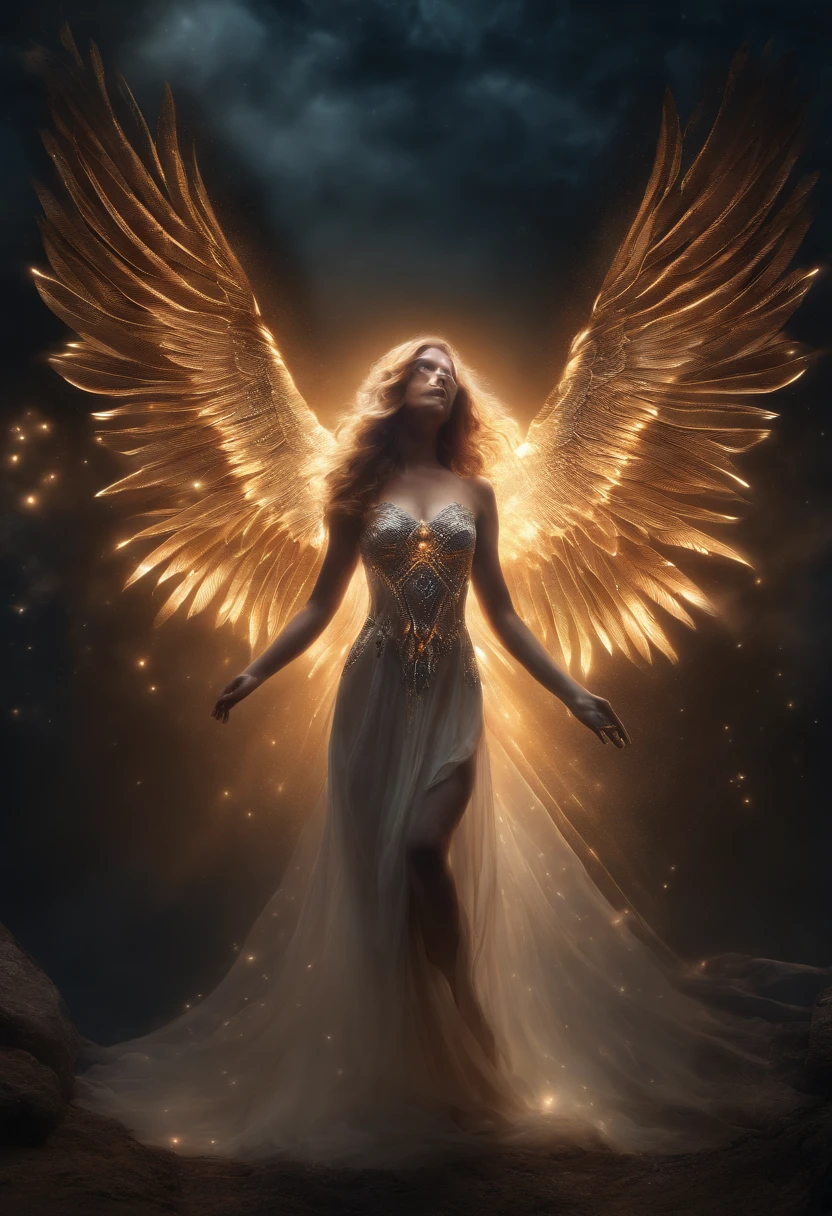 cosmic fallen angel, olhos claros brilhantes, Biomechanicals, estranho, assustador, Pesadelo, cores muito brilhantes, light particles, com luz brilhante, Mshiff, Arte do papel de parede, Papel de parede UHD