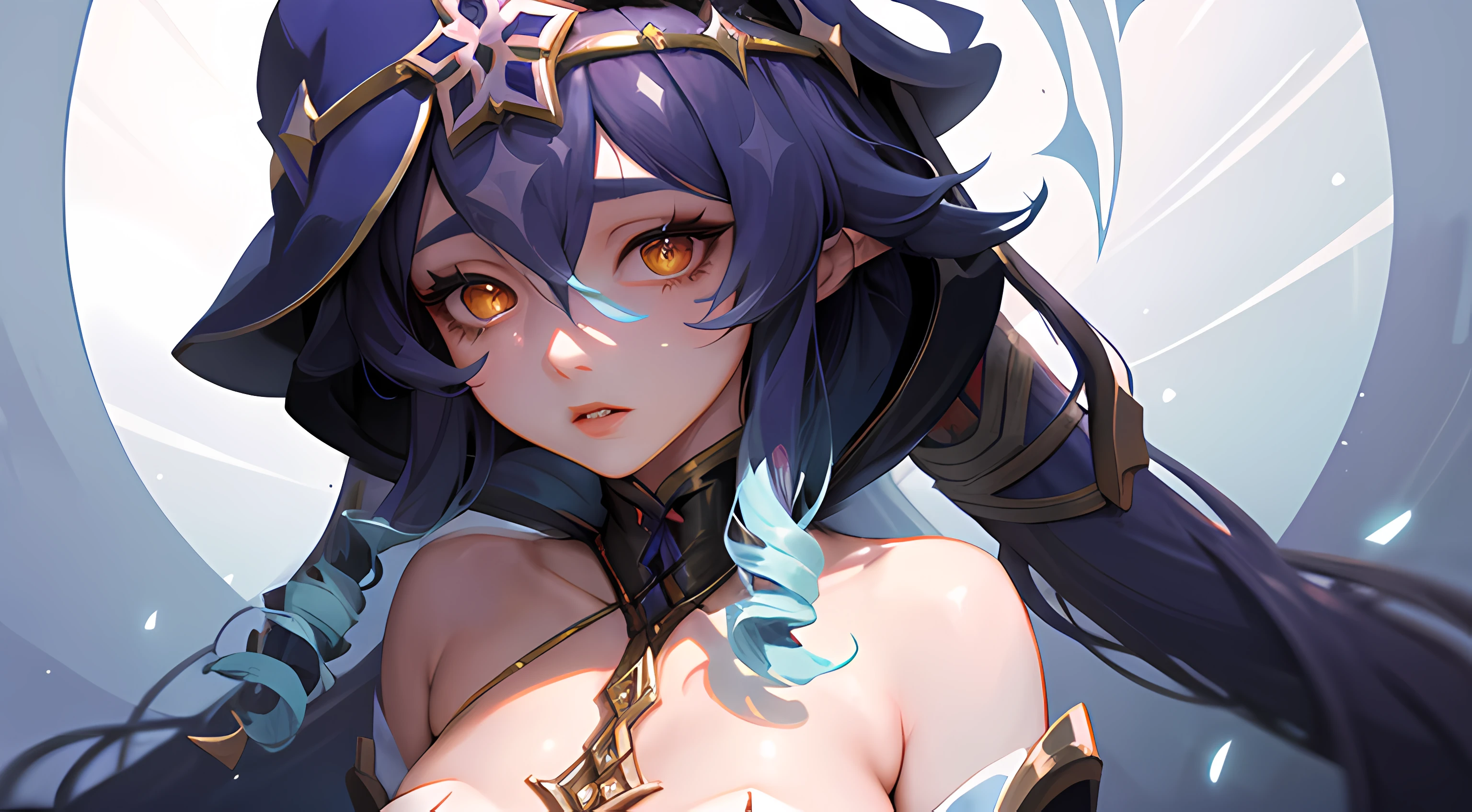 (layladef:1.2,tmasterpiece,4k wallpaper,best quality) A stunning masterpiece comes to life as Layla, with her red flushed face, takes center stage against a simple background. The moody lighting casts a mesmerizing glow, enhanced by the delicate particles of light floating around her. The blue themes accentuate the ethereal ambiance, highlighting Layla's alluring presence. With a voluptuous and curvy figure, Layla's body exudes a captivating allure. Her brilliant eyes, adorned with long, fluttering eyelashes, arrest the viewer's gaze, while her lips are meticulously detailed, evoking a sense of mystery and allure. Smooth thighs add to the sensuality of her character, contrasting against the sharpness of her expressions. The artwork draws inspiration from the anime style, reminiscent of the captivating aesthetics of Genshin Impact. It captures the essence of its characters, blending fantasy with reality. The attention to detail in depicting Layla's features ensures a photo-realistic quality, making her feel as if she could step out of the artwork and into the real world. Witness the magic as Layla, in all her beauty, captivates your imagination and transports you to a world where art and anime intertwine seamlessly.