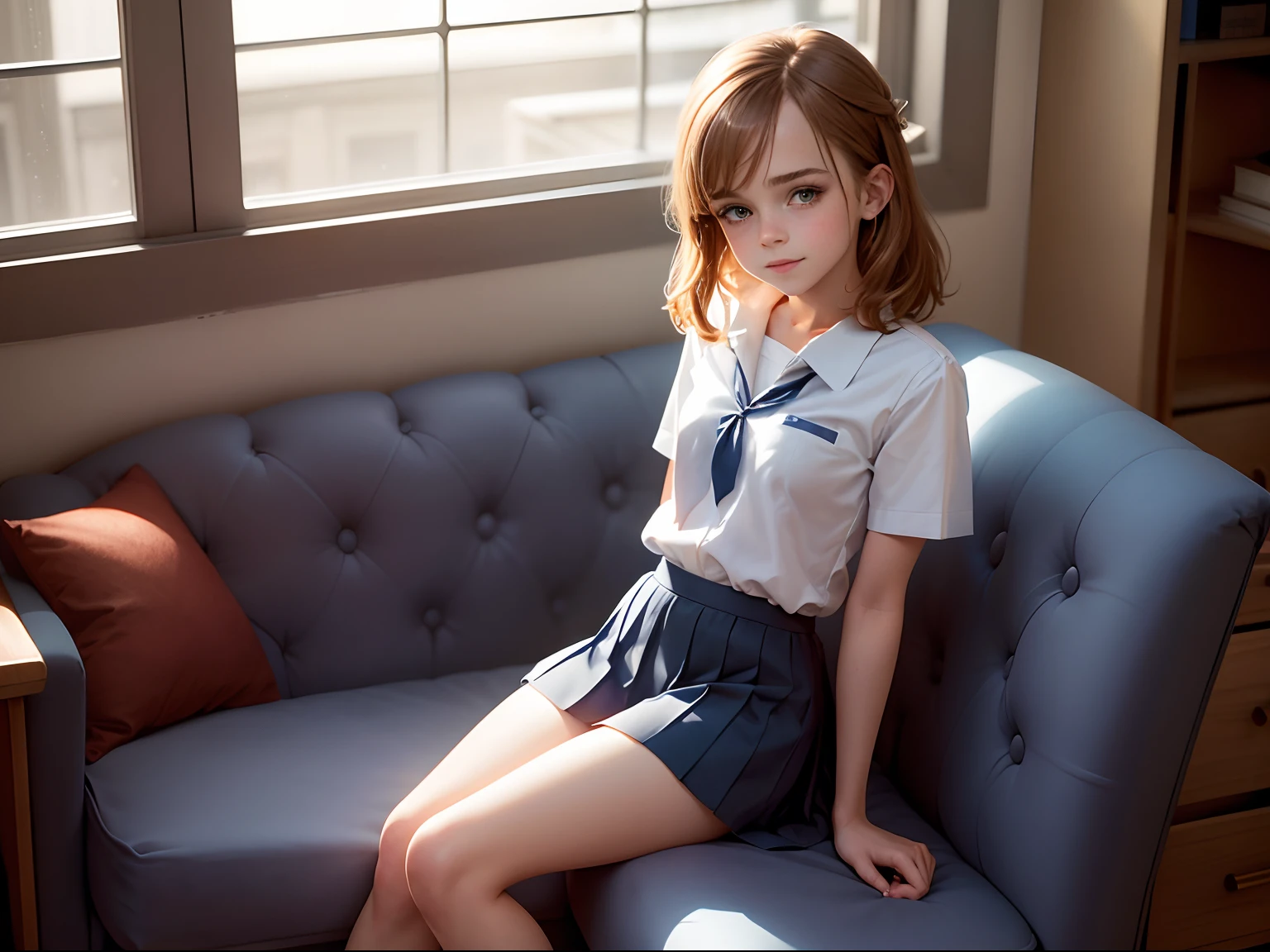 ten Emma Watson in a short navy blue pleated skirt, school blouse, hair in bunches, cute smile, white plimsoles. slender body. day. small chest, small boobs, sitting on the sofa.
