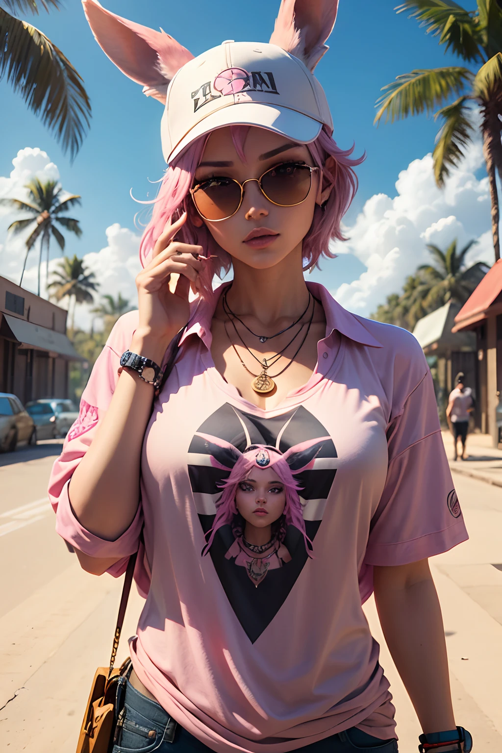 an illustration of a woman with pink hair holding a pyramid with a third eye in it and a clock in the background with a third eye in the middle , solo, shirt, hat, animal_ears, jewelry, upper_body, male_focus, open_clothes, collared_shirt, artist_name, cloud, signature, necklace, rabbit_ears, tree, no_humans, open_shirt, sunglasses, watch, cigarette, palm_tree, sun, smoking, wristwatch, print_shirt, hawaiian_shirt,