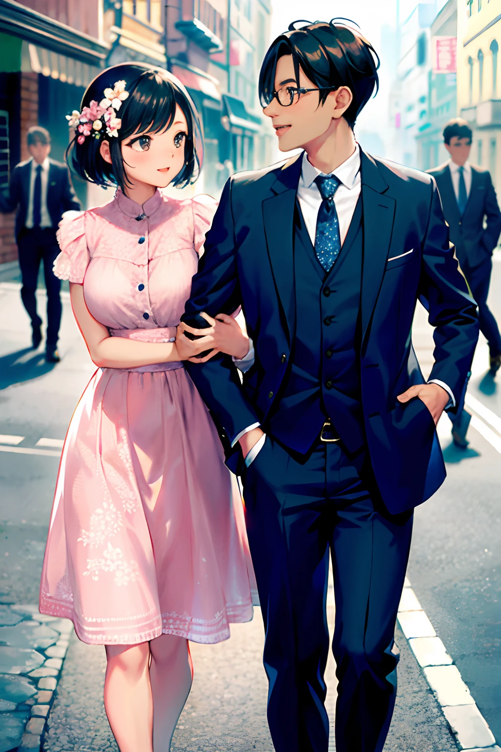 Middle-aged Asian man, dressed in elegant clothes, A pale pink shirt and stylish gray trousers walk hand in hand down the street with a young man, Stunning Asian woman, dressed in a beautiful pink floral dress with a pattern. The couple exudes elegance, style of, and warmth, with their coordinated outfits, adding an extra touch of sophistication to the scene. city backdrop, Complete with vintage architecture and charming cobblestone streets, subtly blurred, Drawing attention to the couple in the foreground. The style of the image is reminiscent of classic street photography, Capture the movement and spirit of life in an urban environment, with a timeless touch of nostalgia, permeating the entire scene. Details are crisp and bright, From the intricate patterns on a young woman's dress to the man's facial expressions, Disclosure of the Unspoken, A gentle narrative between the two