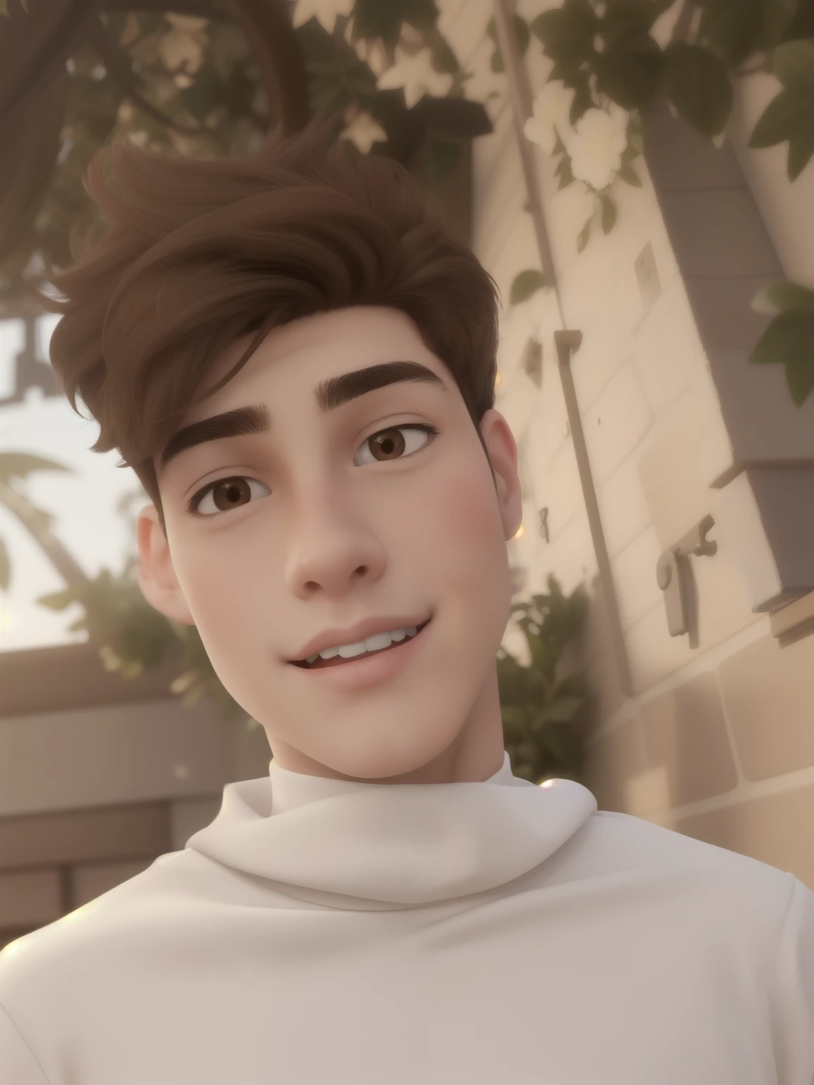 A young man of 20 years old, with brown disheveled hair, cute face, boxy face, and brown eyes, wearing white turtleneck.