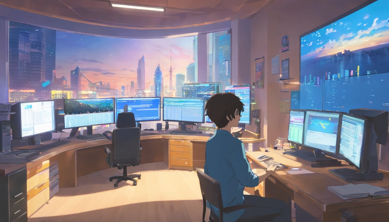 There was a man sitting at his desk,There are two computer monitors, sitting in front of the computer, sitting in front of the computer, looking at monitor, Displays a stock chart, sitting at a computer desk, in front of a computer, Trading, Trade stocks,