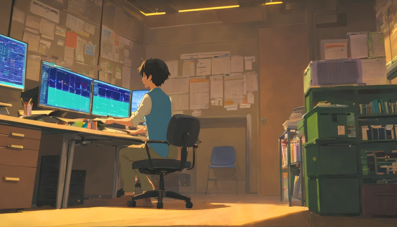 There was a man sitting at his desk，There are two computer monitors, sitting in front of the computer, sitting in front of the computer, looking at monitor, Displays a stock chart, sitting at a computer desk, in front of a computer, Trading, Trade stocks,