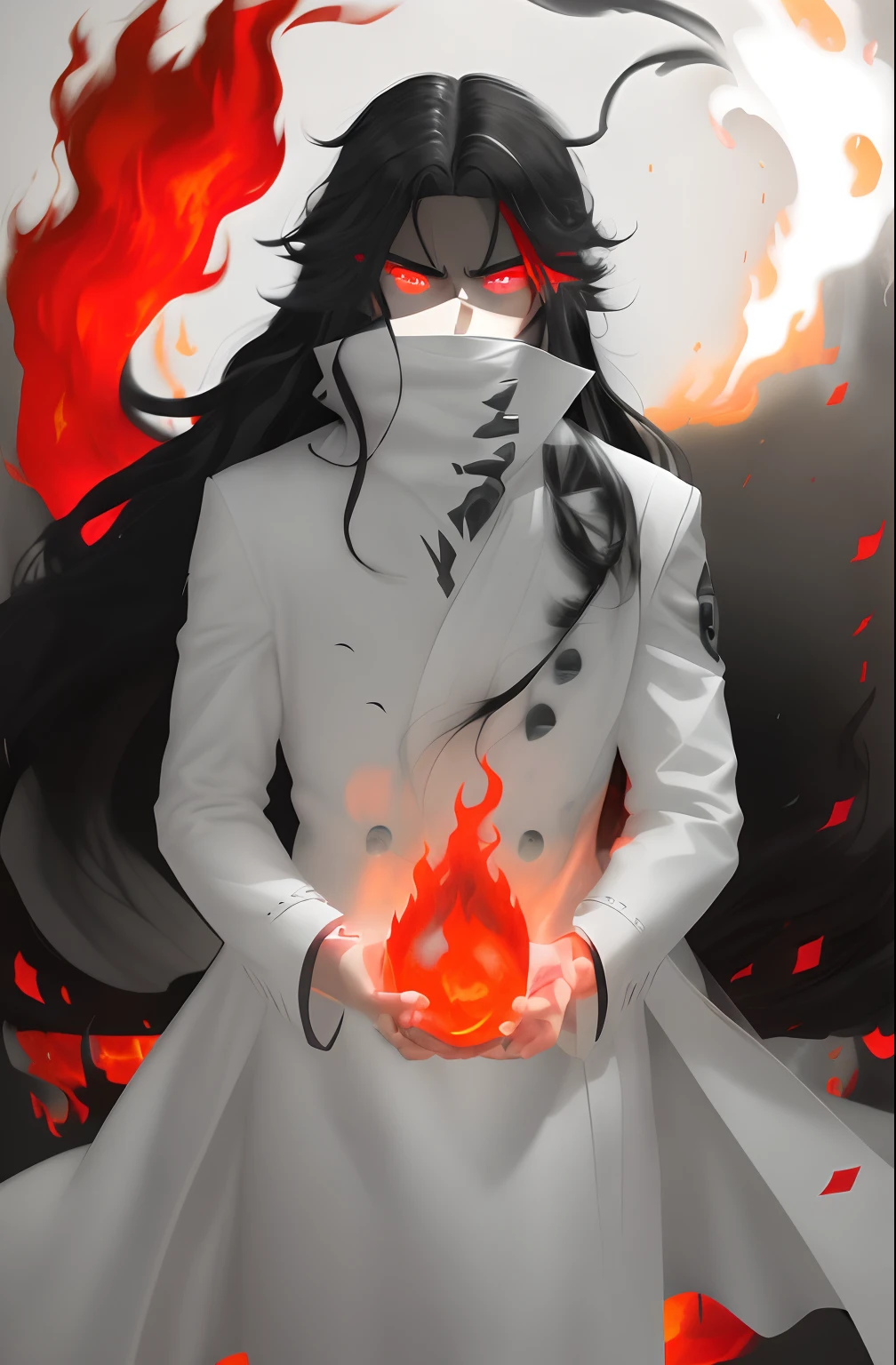 Long Hair, Half black and Half White whit a Red Fire Eyes and a White Orb in White Fire in Hands