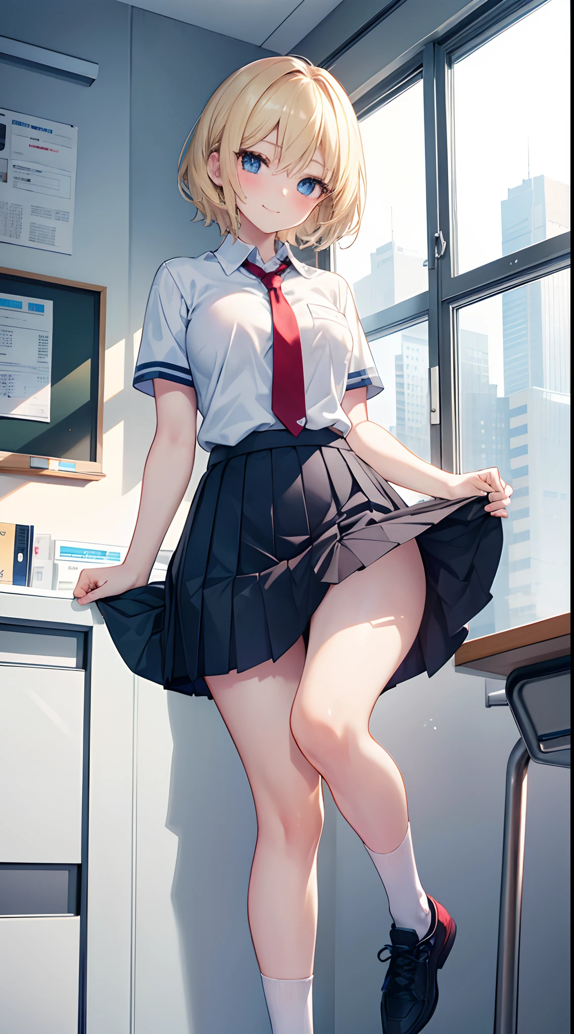 Modest, Shy, Infinitely cute and beautiful, Sporty figure, Pumping exercise girl 17 years old; Blonde with short hair, with small neat elastic breasts,; With reassuring muscles; Big blue eyes, long eyelashes, slight blush, Nice smile; High School Uniform (white shirt, Black skirt, pantyhouse, tie, shoes); School Classroom, Soft light; Full-body photography from close range; Anatomical realism, ighly detailed, High quality textures