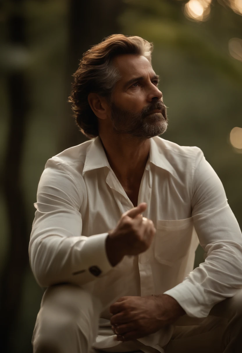 cinematic portrayal , um homem de joelhos pensativo , em uma tarde de sol em uma montanha , alto e em forma, (40 anos:1.1), (Barbeado:1.2), (cabelo castanho curto espetado :1.5),(cabelos espetados muito curtos:1.6). Terno preto apertado, camisa branca . fundo minimalista, clean composition, Detalhes fortes, Cores silenciadas, Hasselblad, estilo cru