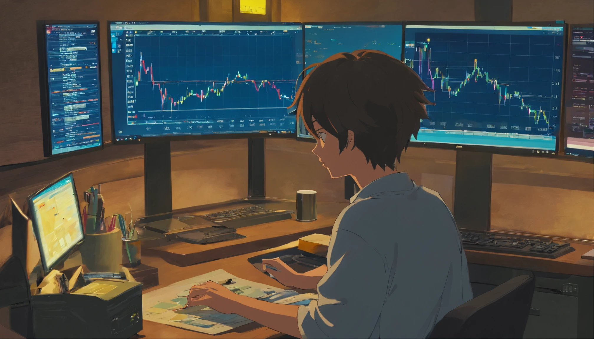 There was a man sitting at his desk,There are two computer monitors, sitting in front of the computer, sitting in front of the computer, looking at monitor, Displays a stock chart, sitting at a computer desk, in front of a computer, Trading, Trade stocks,