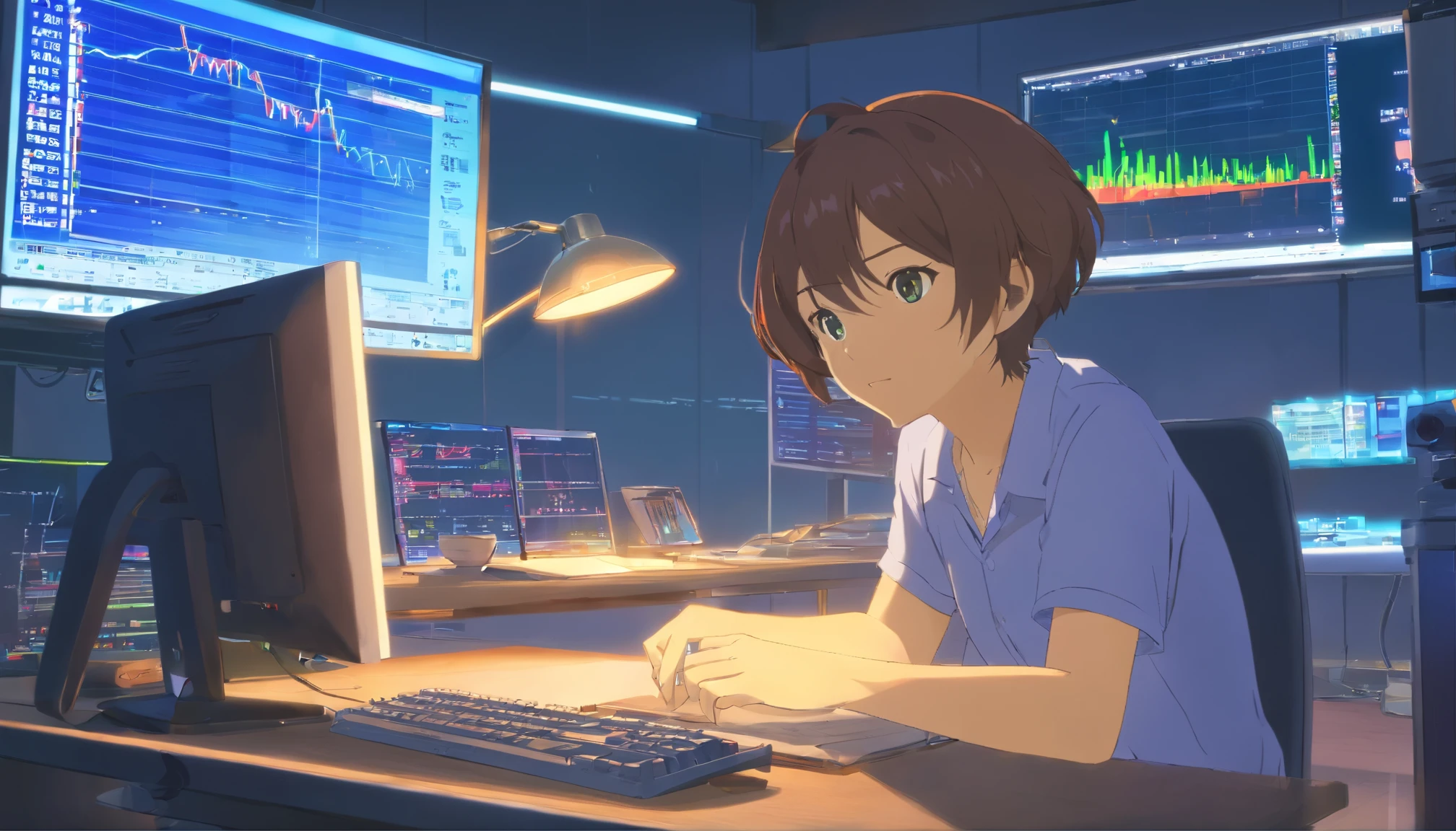There was a man sitting at his desk,There are two computer monitors, sitting in front of the computer, sitting in front of the computer, looking at monitor, Displays a stock chart, sitting at a computer desk, in front of a computer, Trading, Trade stocks,