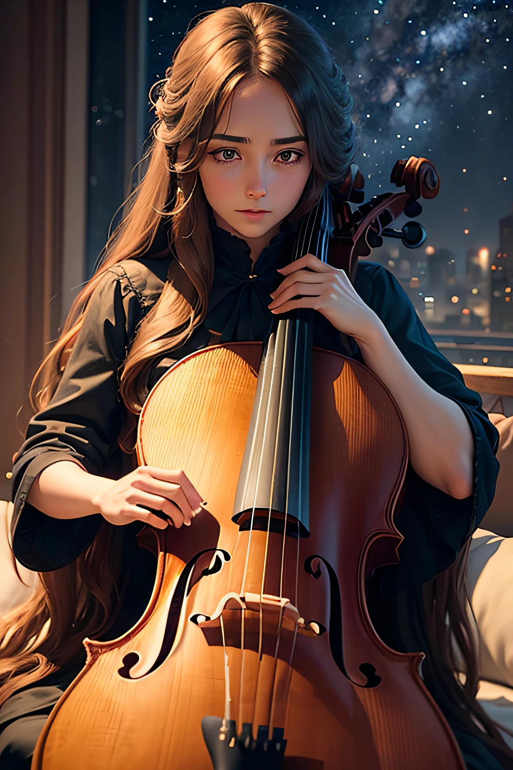 A woman with long hair, playing the cello, looking forward with a penetrating gaze on a starry night.