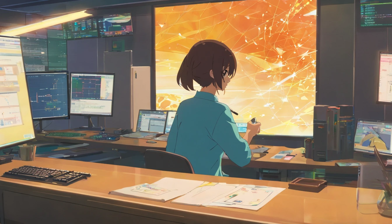 There was a man sitting at his desk,There are two computer monitors, sitting in front of the computer, sitting in front of the computer, looking at monitor, Displays a stock chart, sitting at a computer desk, in front of a computer, Trading, Trade stocks,