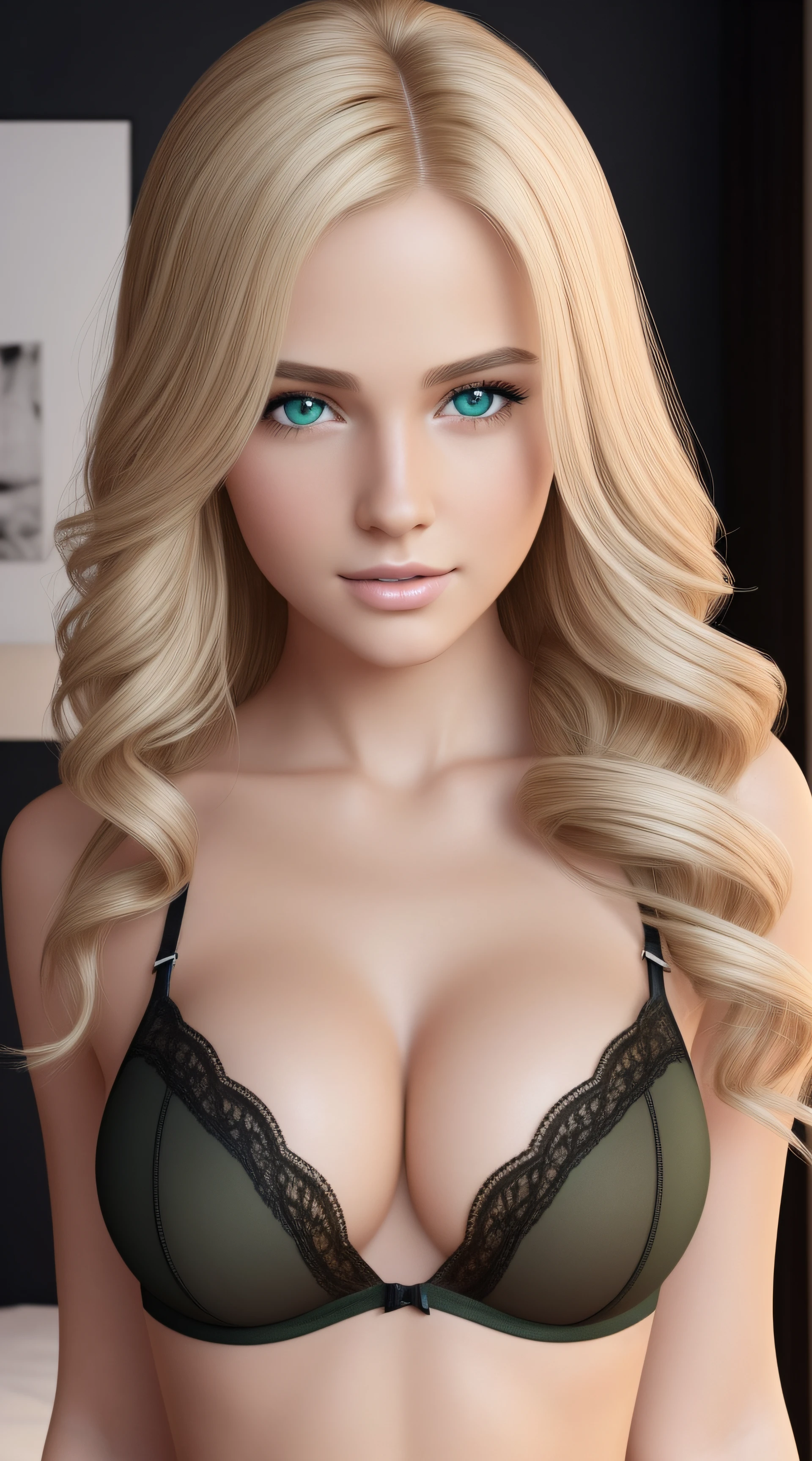 Solo, young blonde model 1 girl 20 years old, hyper-realistic, looking at the camera, black lingerie, black stockings, very detailed face and body, thick lips, very beautiful green eyes, blonde wavy hair, tan, bedroom, big breasts, detailed illustration, sensual position, entire figure