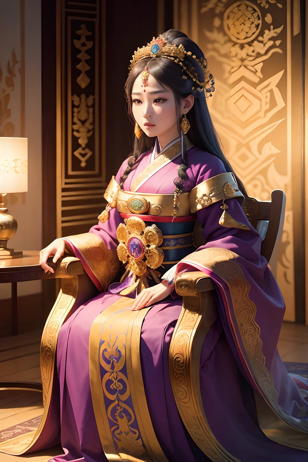 empress of Joseon, Maya emperor, luxury palace, traditional hanbok, vibrant feathers, ornate headdress, majestic throne, rich cultural exchange, regal expressions, graceful gestures, elaborate jewelry, intricate architecture, vivid historical setting, opulent surroundings, harmonious union, royal proclamation, grand celebration, awe-inspiring presence, resplendent colors, exquisite craftsmanship, prestigious alliance, imperial legacy, cultural fusion, portrait of power, transcending time and space, mythical aura, regal courtiers, magnificent tapestries, lush gardens, ceremonial rituals, ancient wisdom, divine connection, eternal symbol of strength and grace, dynastic eminence, immortalized in history