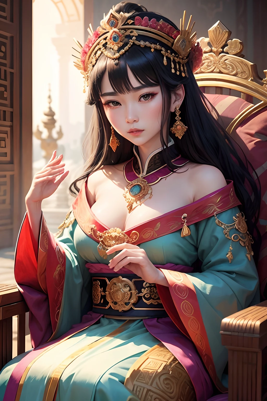 empress of Joseon, Maya emperor, luxury palace, traditional hanbok, vibrant feathers, ornate headdress, majestic throne, rich cultural exchange, regal expressions, graceful gestures, elaborate jewelry, intricate architecture, vivid historical setting, opulent surroundings, harmonious union, royal proclamation, grand celebration, awe-inspiring presence, resplendent colors, exquisite craftsmanship, prestigious alliance, imperial legacy, cultural fusion, portrait of power, transcending time and space, mythical aura, regal courtiers, magnificent tapestries, lush gardens, ceremonial rituals, ancient wisdom, divine connection, eternal symbol of strength and grace, dynastic eminence, immortalized in history