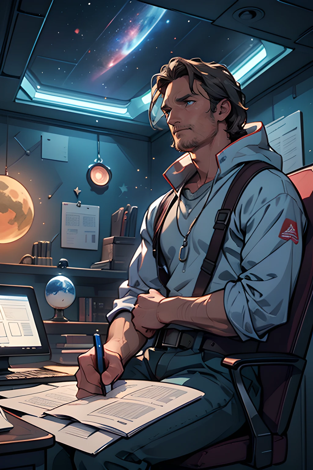 matthew mcconaughey sitting on a chair in a small room at the space ship, looking at the evidence board , asteroid belt visible through the small window. He is making notes with a notebook, surrounded by several black holes. Dark mood, Soft dramatic lighting from distant stars and planets illuminates the scene, casting deep shadows on the grey shirt. The man looks confident and determined, looking at the vast and mysterious universe with wonder and respect, cowboy shot, blue contrast colour, blood splater here and there, vast deep shadows, detective shot, filthy looking, insomniac, eyes bags, tired looking, hunchback