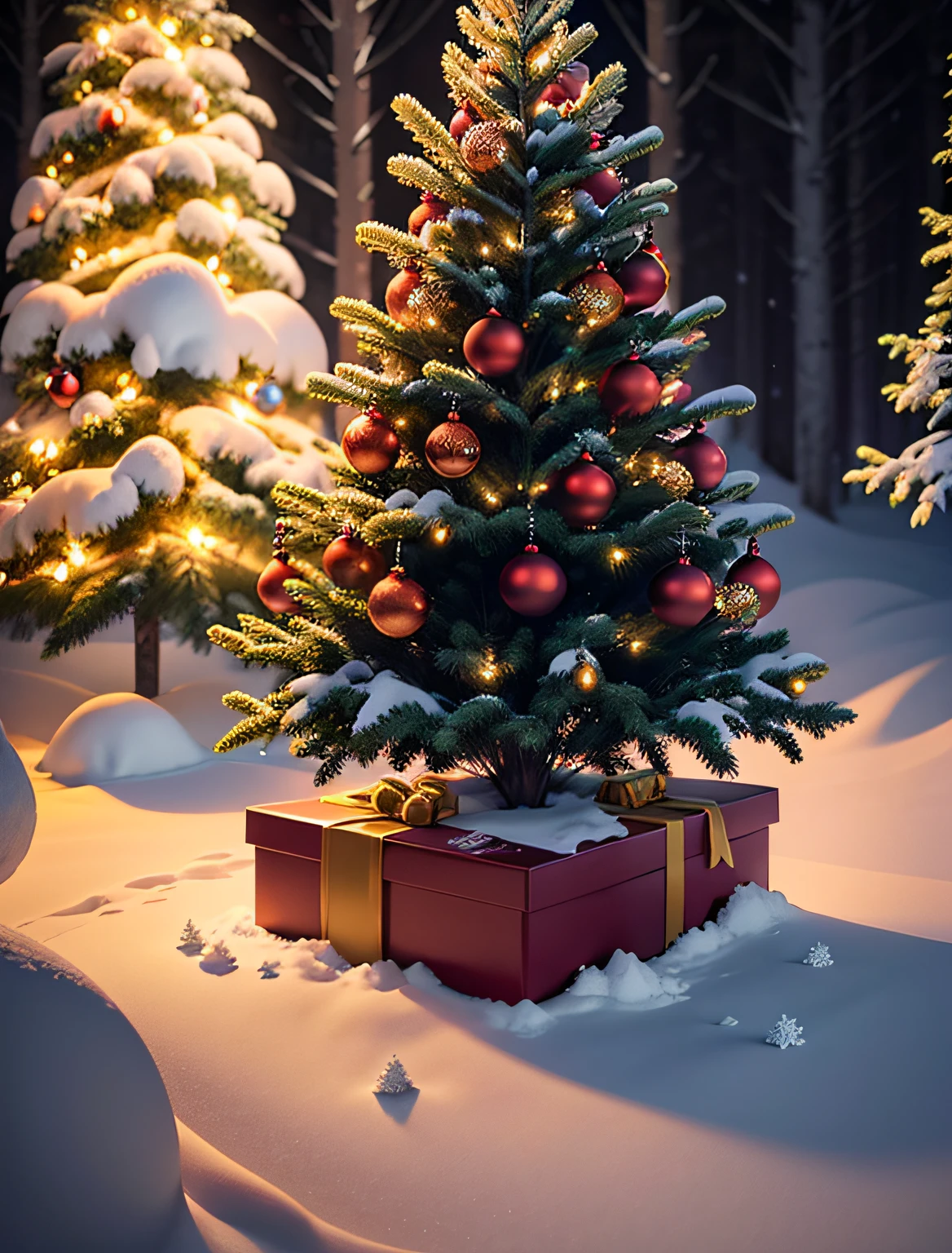 night, a lighted Christmas tree shines in a dense heavily snow-covered forest. a bunny sits under it and unwraps a Christmas present., realistic render, aesthetic, lifelike, intricat, midjourney v5, octane render, professional photographer,24k, beautiful, colorful