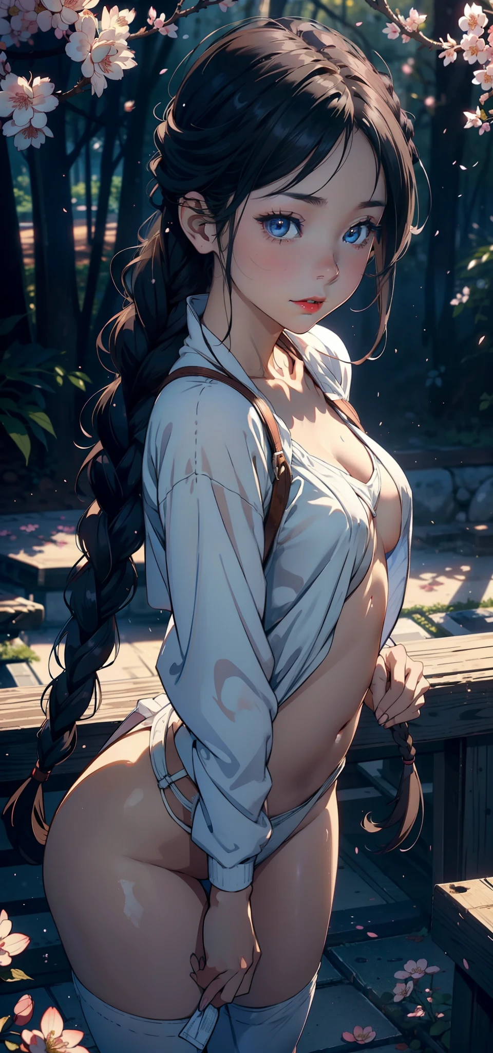 1female, 5,bit girl,Small loli, 独奏,(Background with:Cherry blossom forest,ln the forest,Ground area water) She has short wood-colored hair,Twist braids,seen from the front, hair straight,,(((tmasterpiece),(Very detailed CG unity 8K wallpaper),best qualtiy,cinmatic lighting,detailed back ground,beatiful detailed eyes,Bright pupils,Blue eyes,Snow-whiteskin,Redlip(Very fine and beautiful),(Beautiful and detailed eye description),ultra - detailed,tmasterpiece,))facing at camera,A high resolution,ultra - detailed),revealing breasts,Bare genitalia, Bulge,legs are open,Raised sexy,Camel toes,Flushed complexion,Desire for dissatisfaction,frontage,elemono,Bare genitalia,Bare