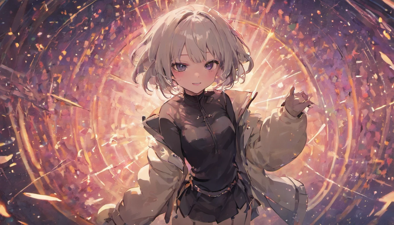 a girl, seductive girl, seductive smile, smug, black lipsticks, silver hair, short hair, bangs, white pantyhose, black miniskirt, white coat, long gloves, full body,