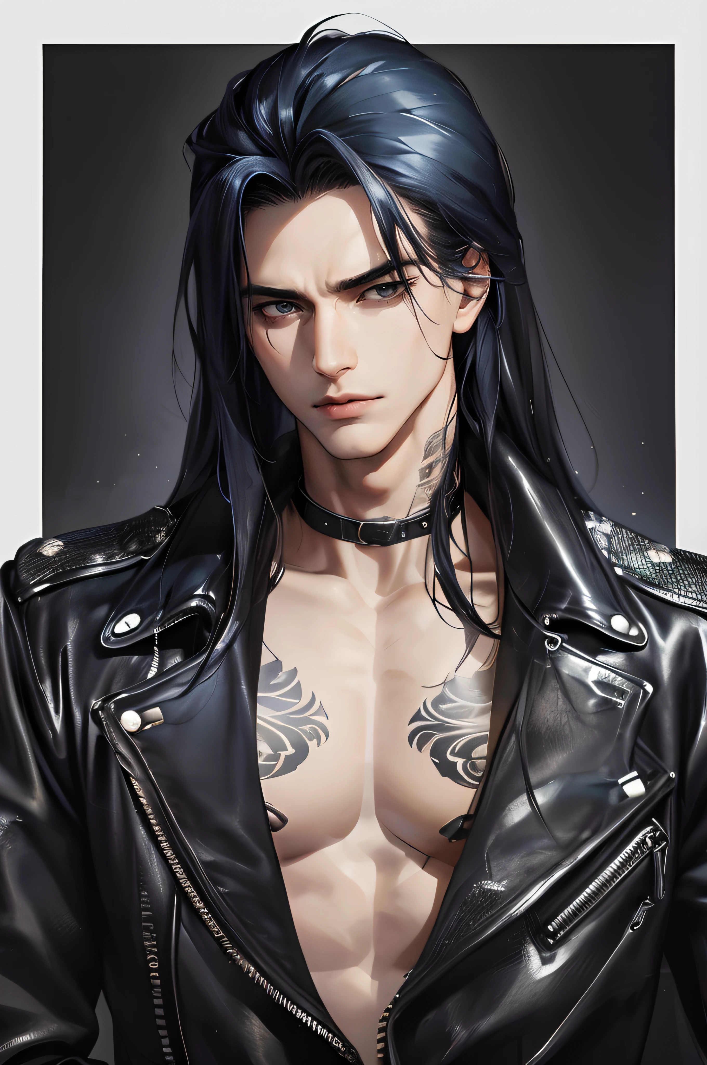 cover for a book, photography of a heavy metal star, a solo man, (((man))), (masculine face), 25 years old, singer, bad boy, (black eyes), expressive look, long dark blue black hair, (((bar background))), straight hair, blueshine hair, unshaven, black leather jacket, long sleve jacket, leather pants, chest tattoo, super detailed face, perfect body, perfect shapes, realistic image, award winning photography, 8k,